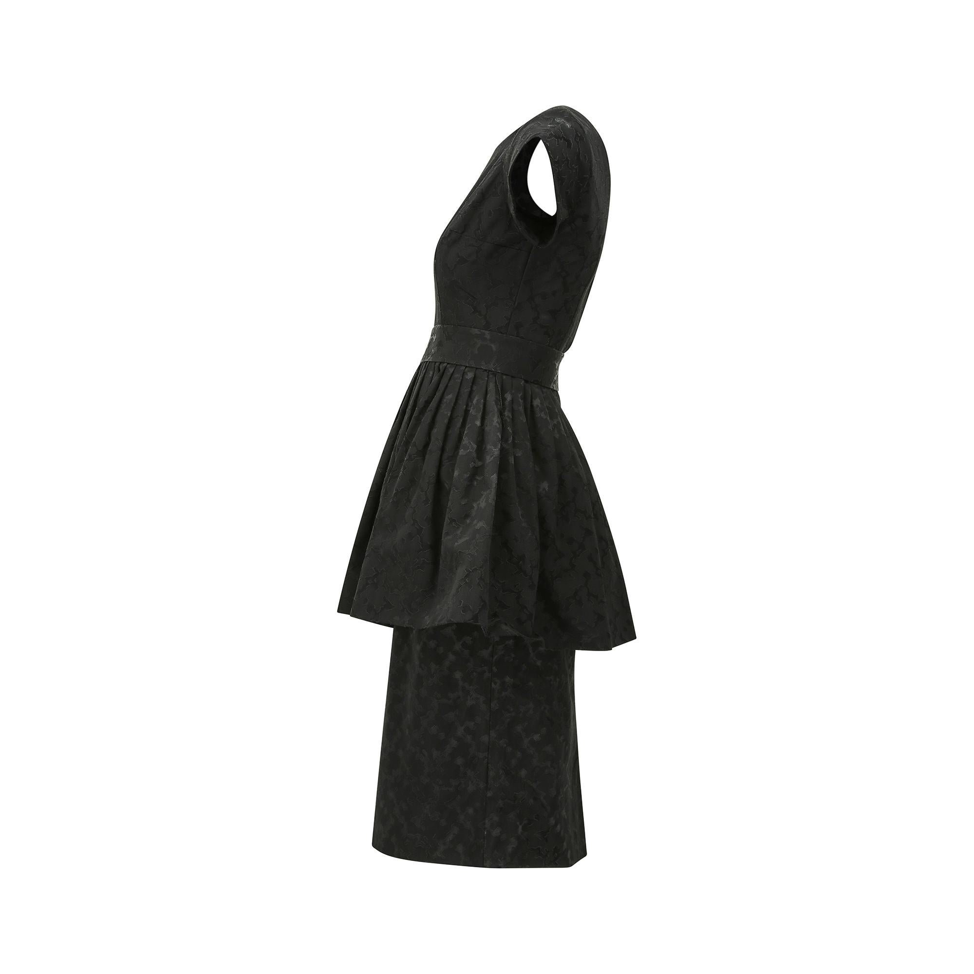1950s Black Textured Jacquard Dress with Peplum In Excellent Condition For Sale In London, GB