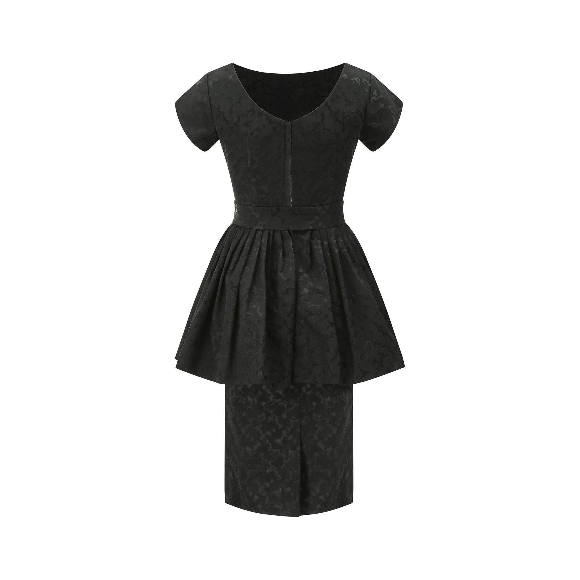 Women's 1950s Black Textured Jacquard Dress with Peplum For Sale