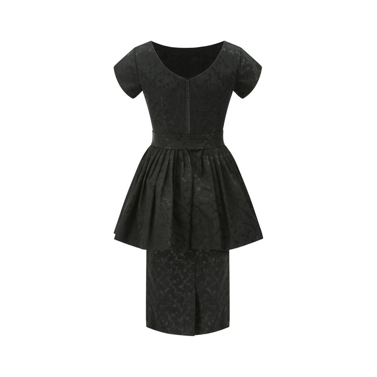 1950s Black Textured Jacquard Dress with Peplum For Sale at 1stDibs