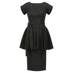 1950s Black Textured Jacquard Dress with Peplum