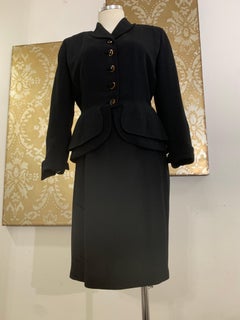 1950s Black Textured Wool Gabardine Double Peplum Fitted Skirt Suit