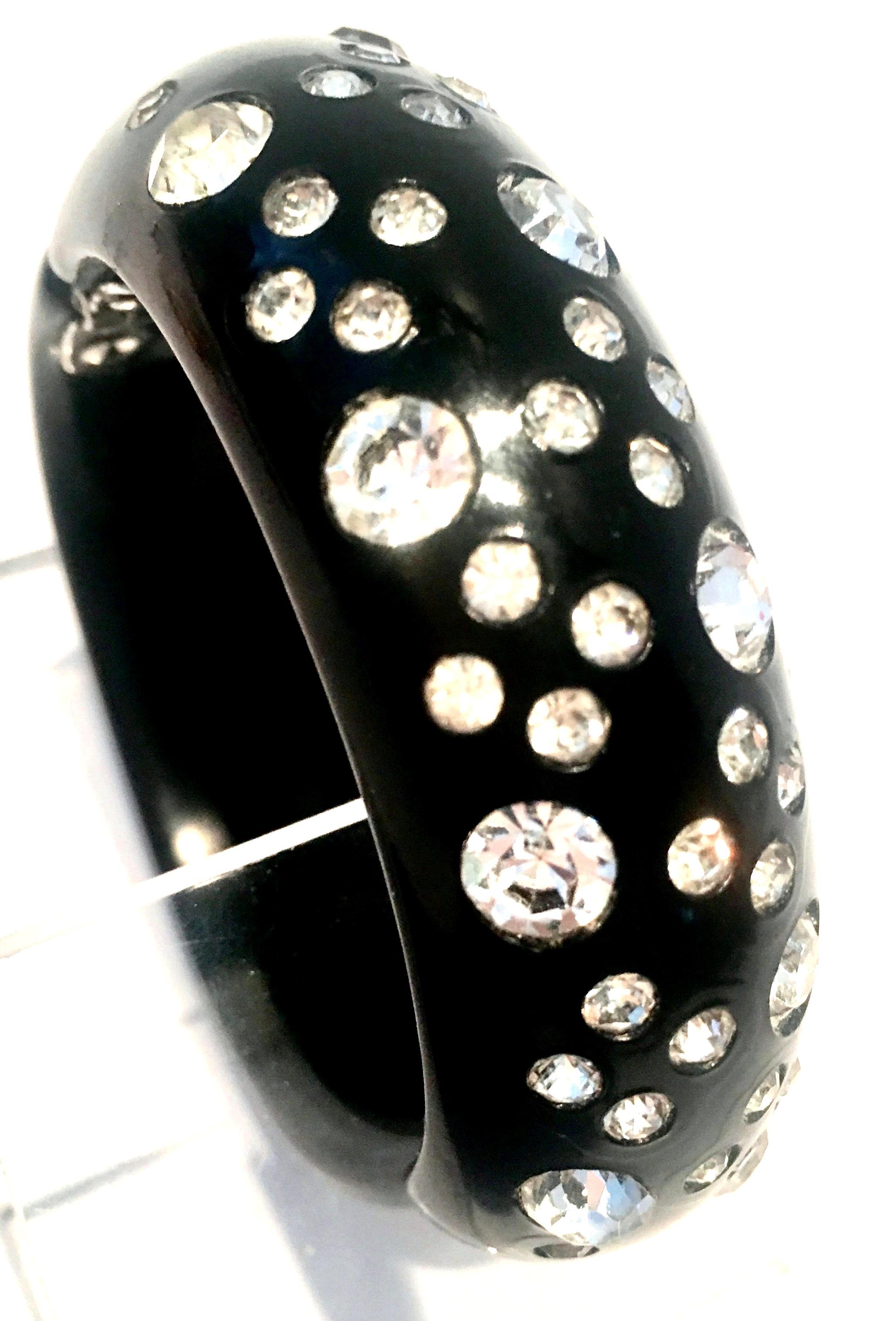 Women's or Men's 1950'S Black Thermoplastic & Swaorovski Crystal Clamper Cuff Bracelet  By, Weiss