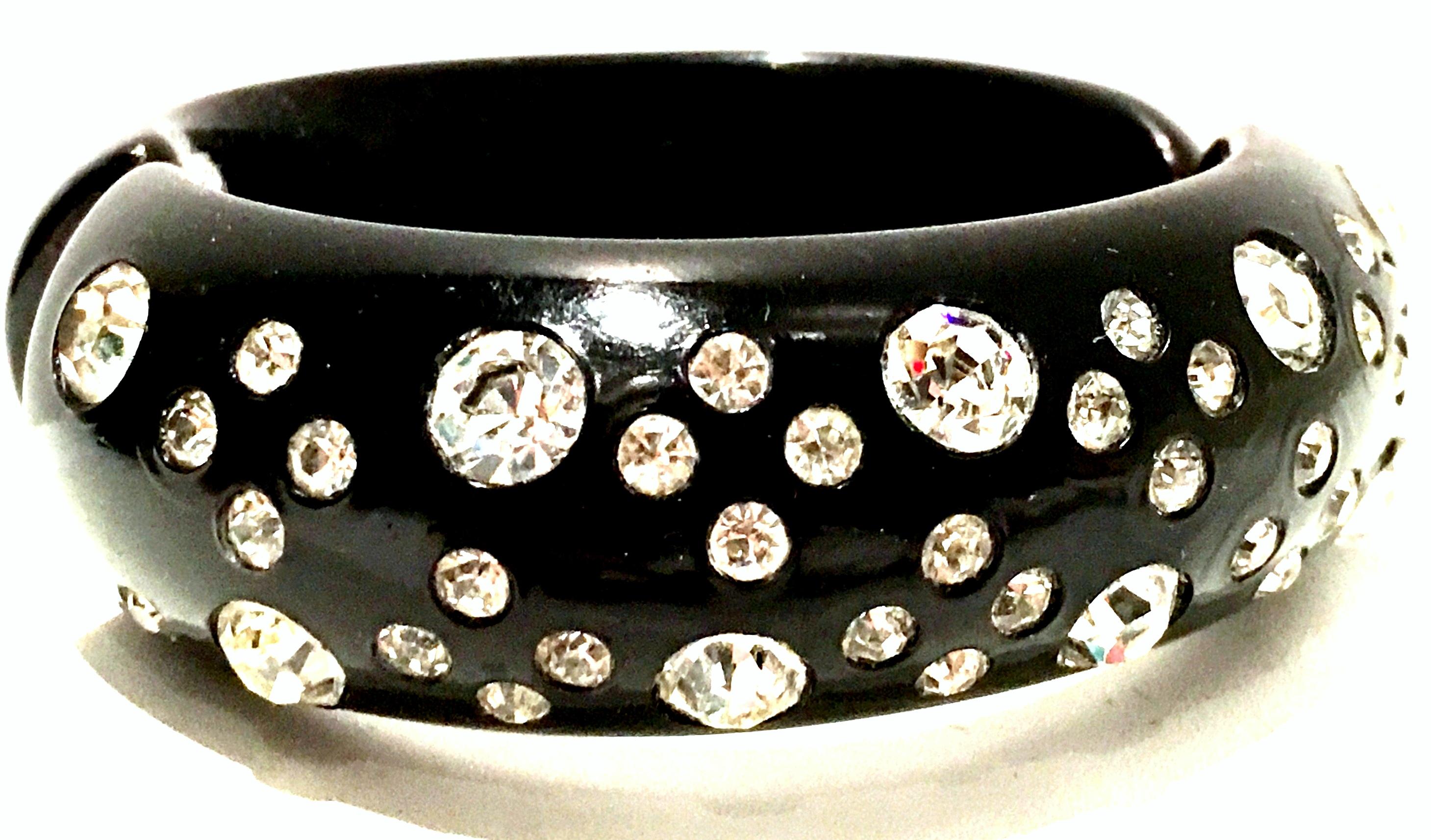 Art Deco 1950'S Black Thermoplastic & Swaorovski Crystal Clamper Cuff Bracelet  By, Weiss