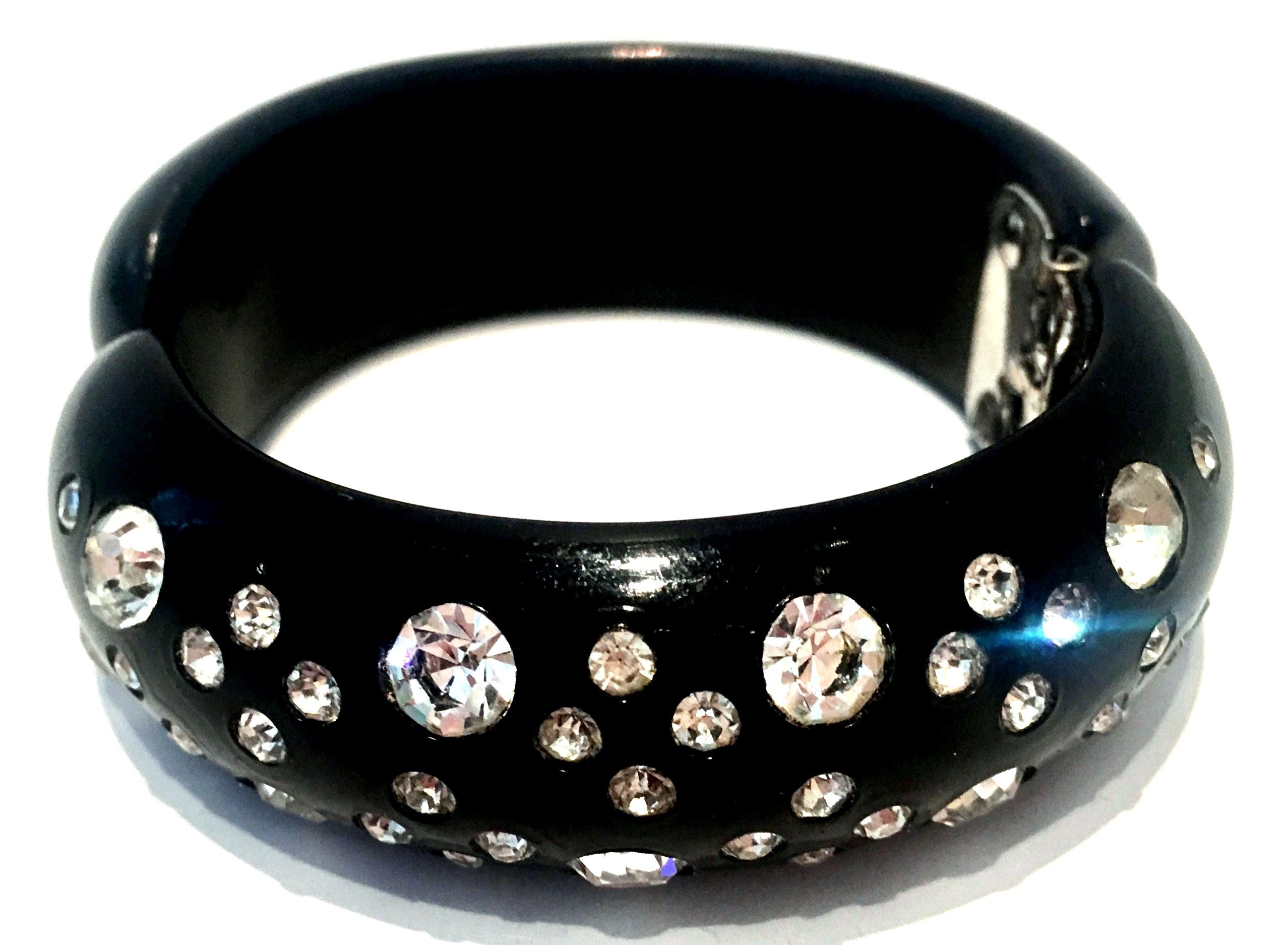 1950'S Black Thermoplastic & Swaorovski Crystal Clamper Cuff Bracelet  By, Weiss In Good Condition In West Palm Beach, FL