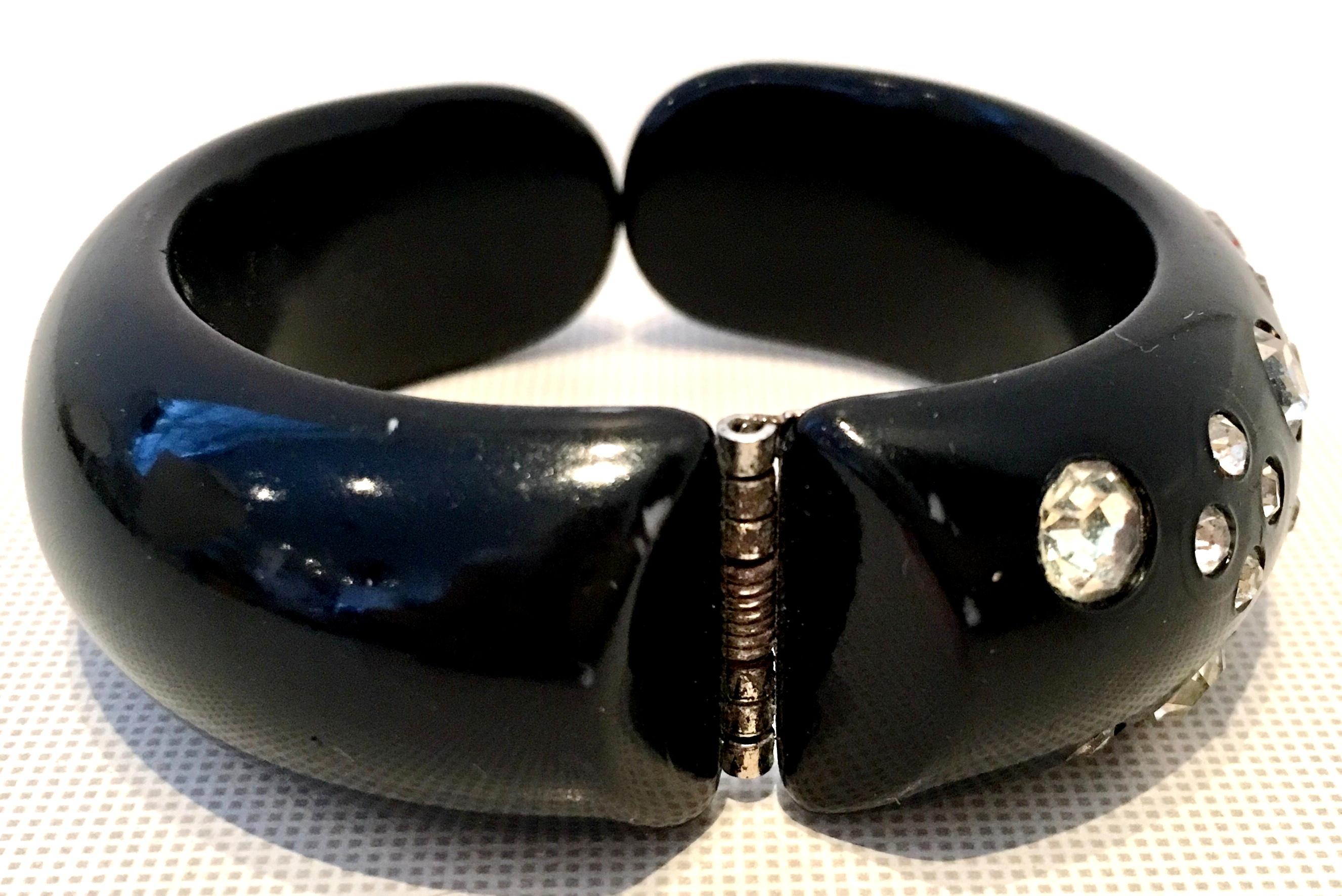 1950'S Black Thermoplastic & Swaorovski Crystal Clamper Cuff Bracelet  By, Weiss 2