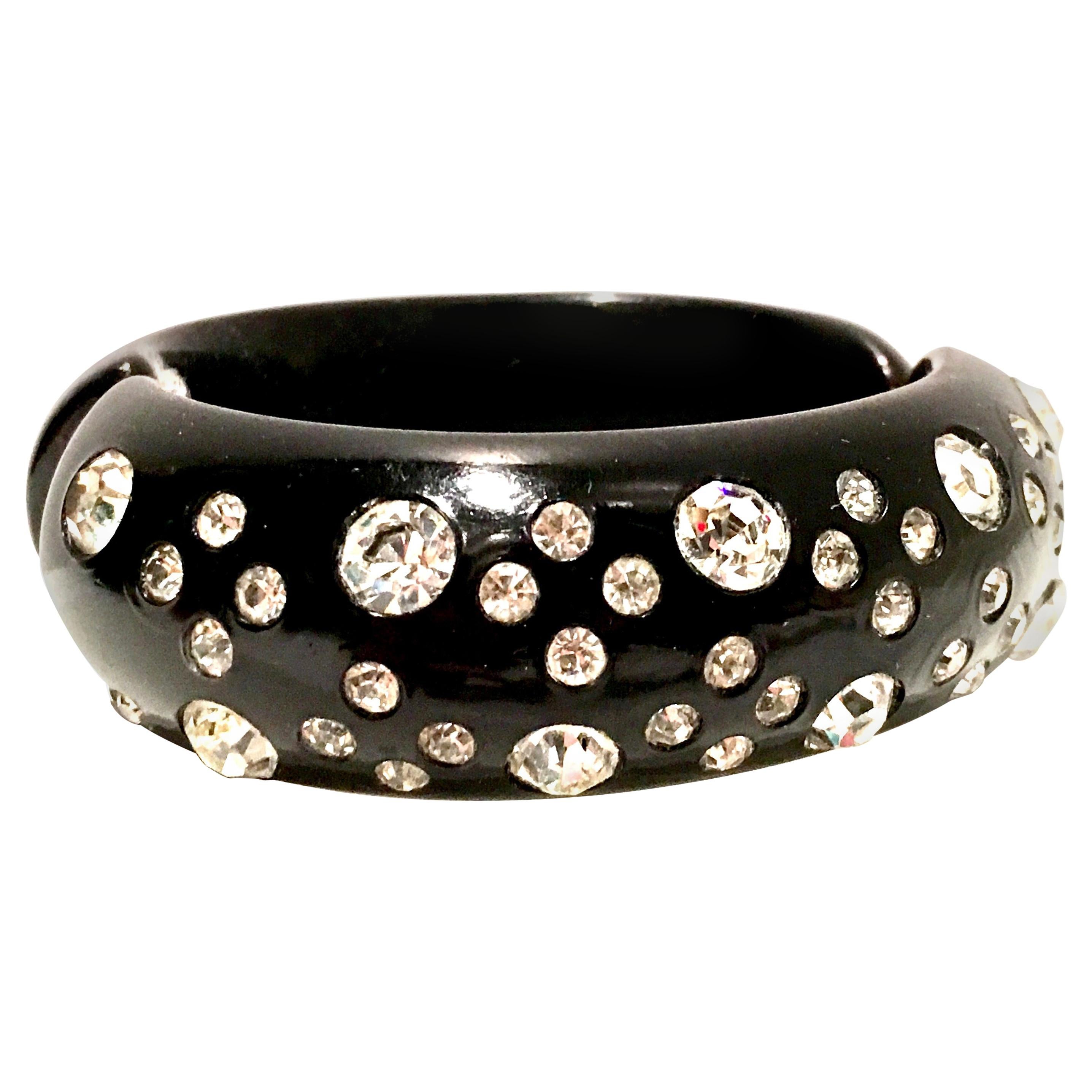 1950'S Black Thermoplastic & Swaorovski Crystal Clamper Cuff Bracelet  By, Weiss