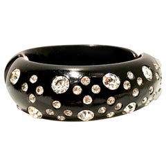 Vintage 1950'S Black Thermoplastic & Swaorovski Crystal Clamper Cuff Bracelet  By, Weiss