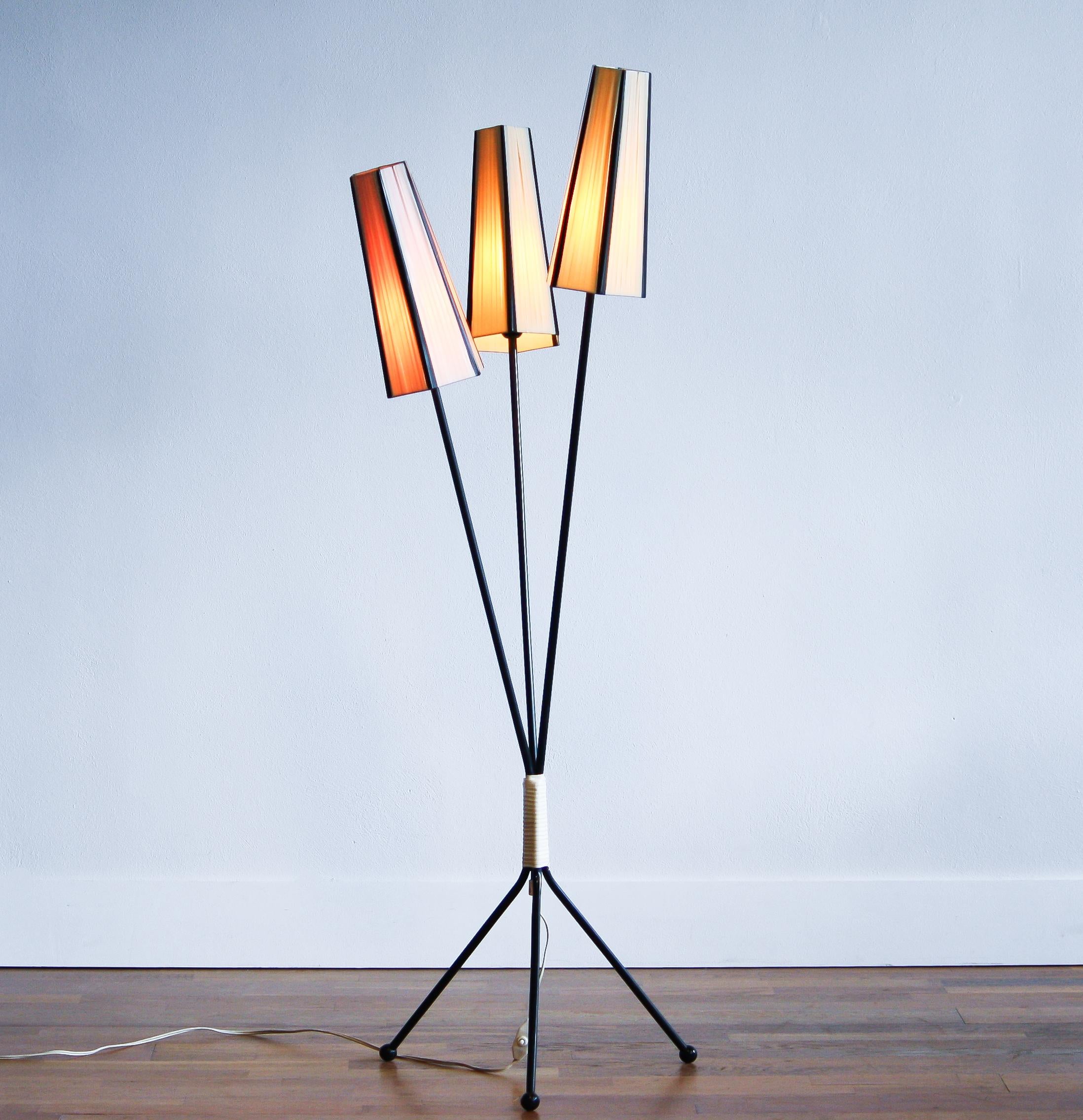 Steel 1950s, Black Three-Light Floor Lamp, Sweden
