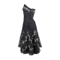 1950s Black Tulle and Sequin Strapless Dress with Silver Floral Design