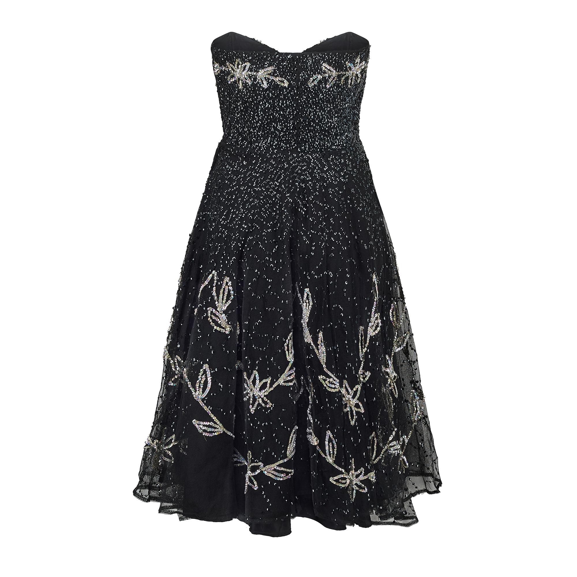 Nero Abito anni '50 in tulle nero e paillettes senza spalline con disegni floreali in argento in vendita
