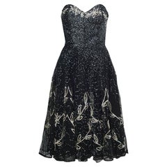 1950s Black Tulle and Sequin Strapless Dress with Silver Floral Design