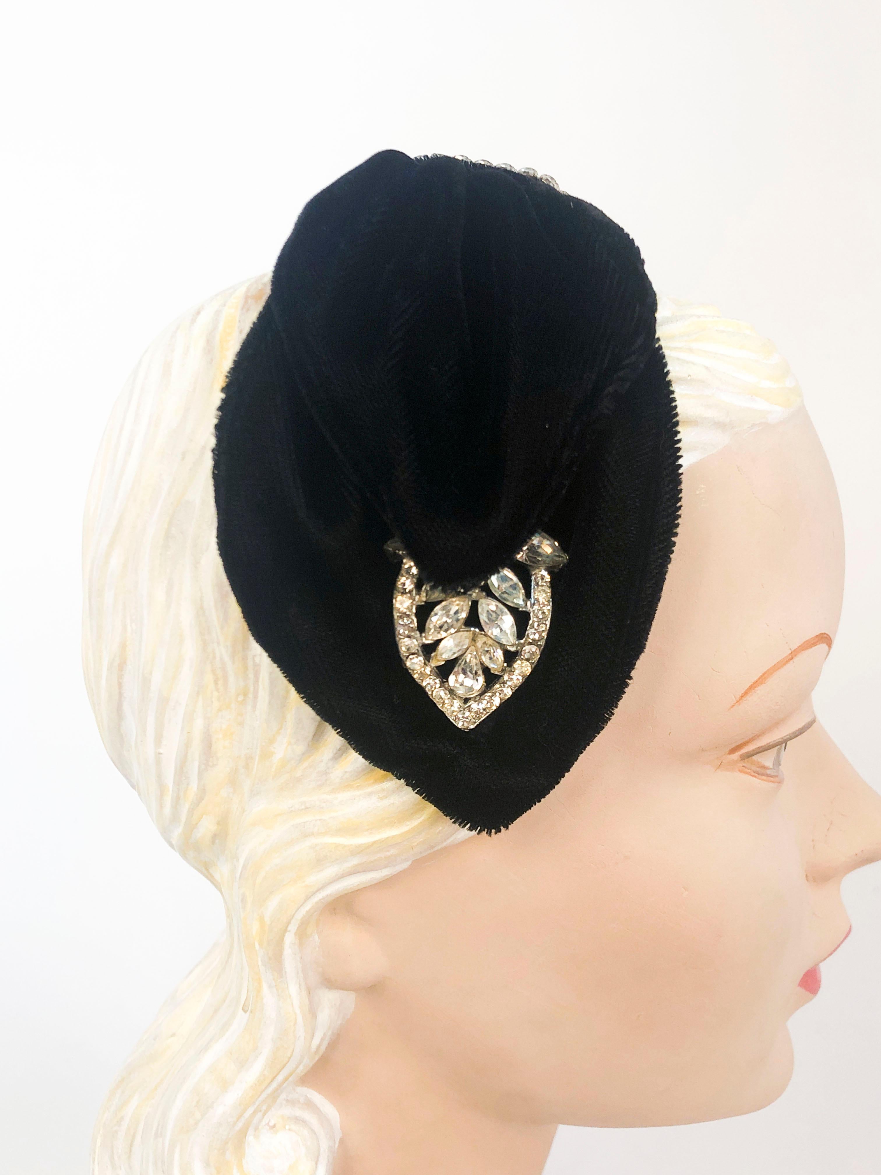 1950's Black Velvet Cocktail Hat with Rhinestone Accents 1