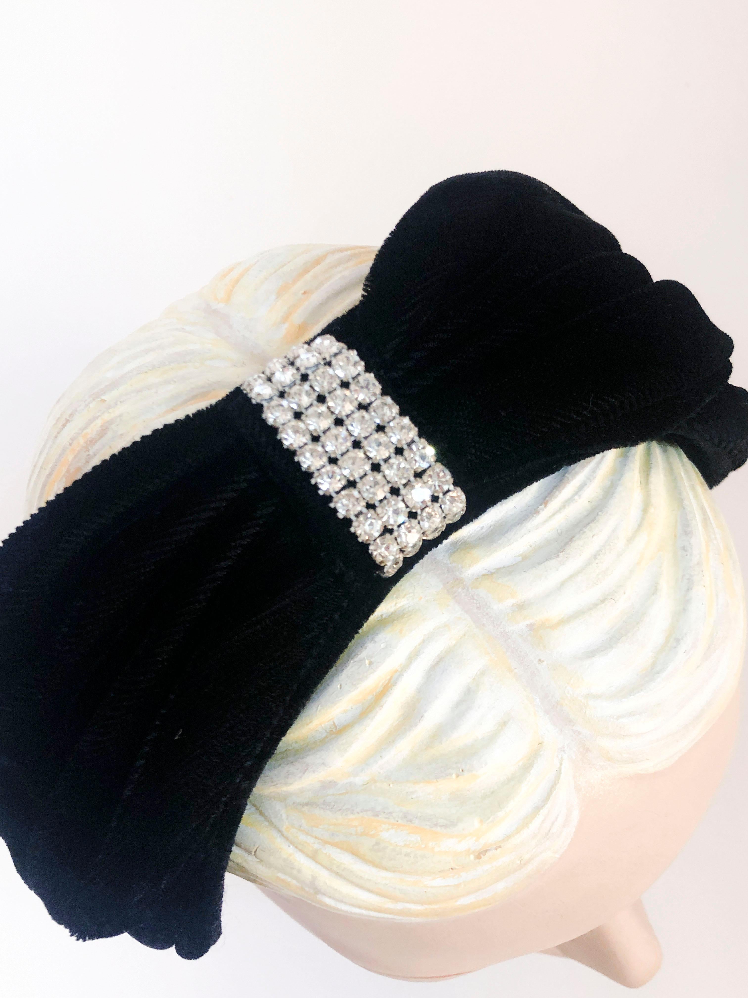 1950's Black Velvet Cocktail Hat with Rhinestone Accents 2