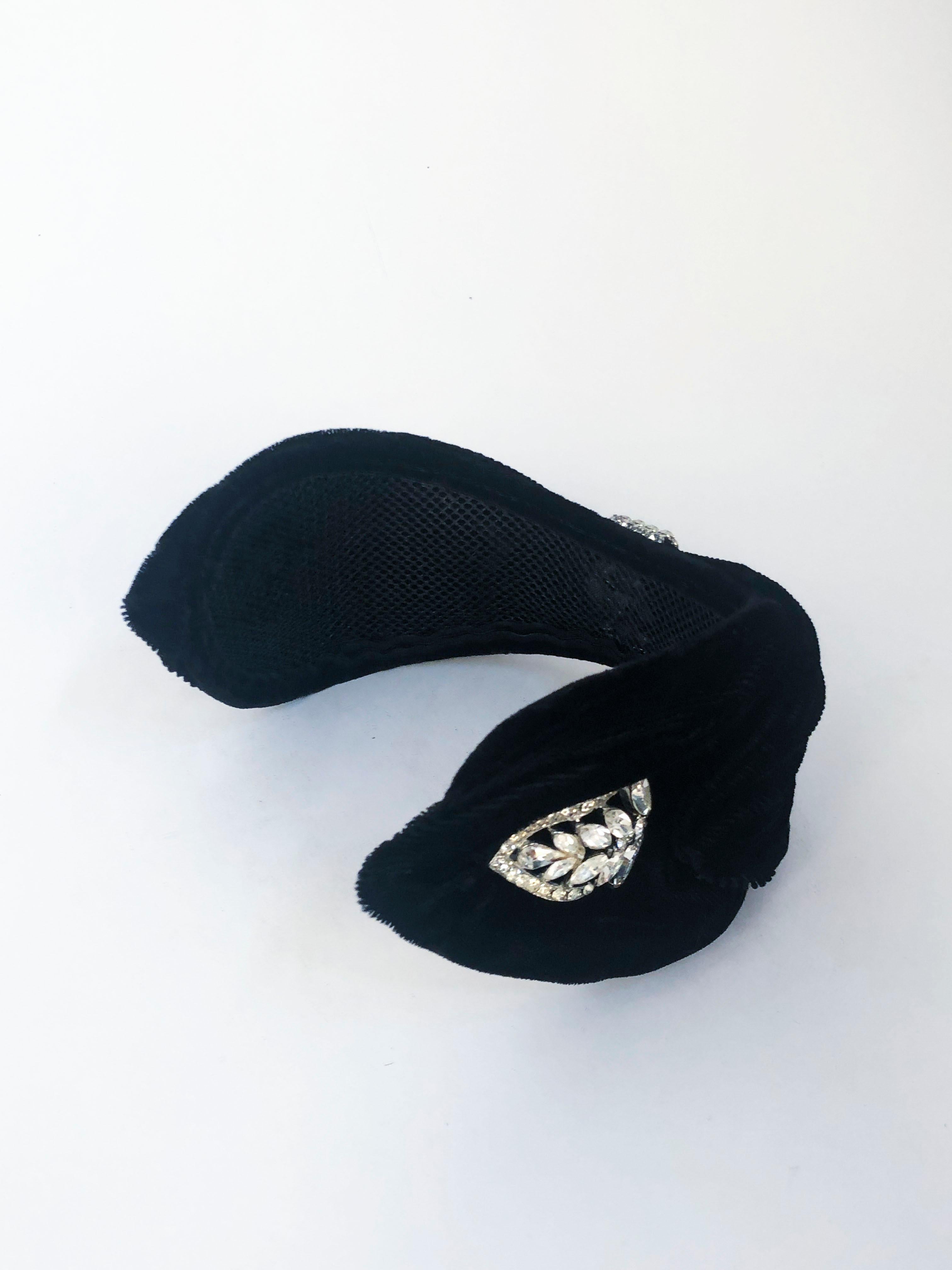 1950's Black Velvet Cocktail Hat with Rhinestone Accents 3