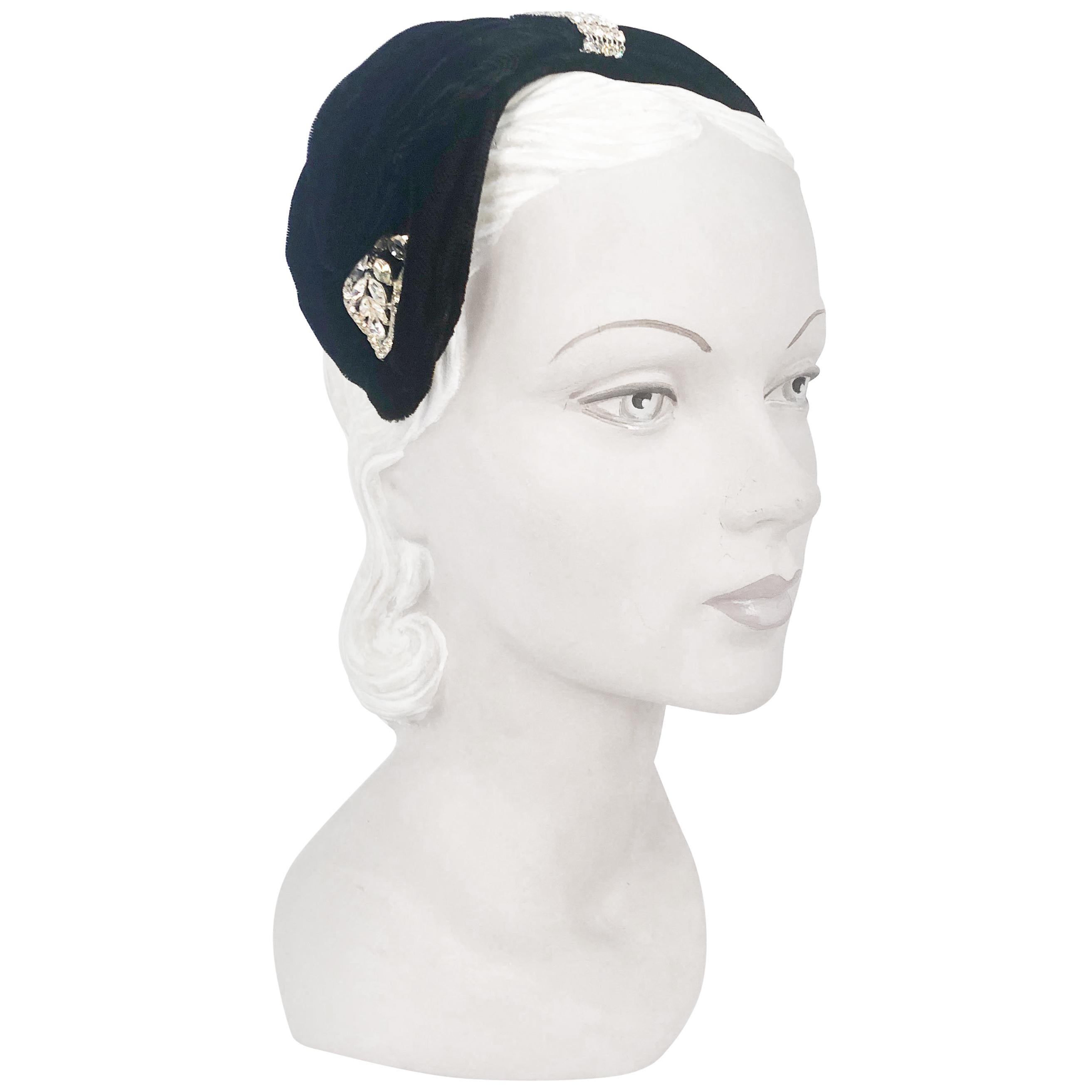 1950's Black Velvet Cocktail Hat with Rhinestone Accents