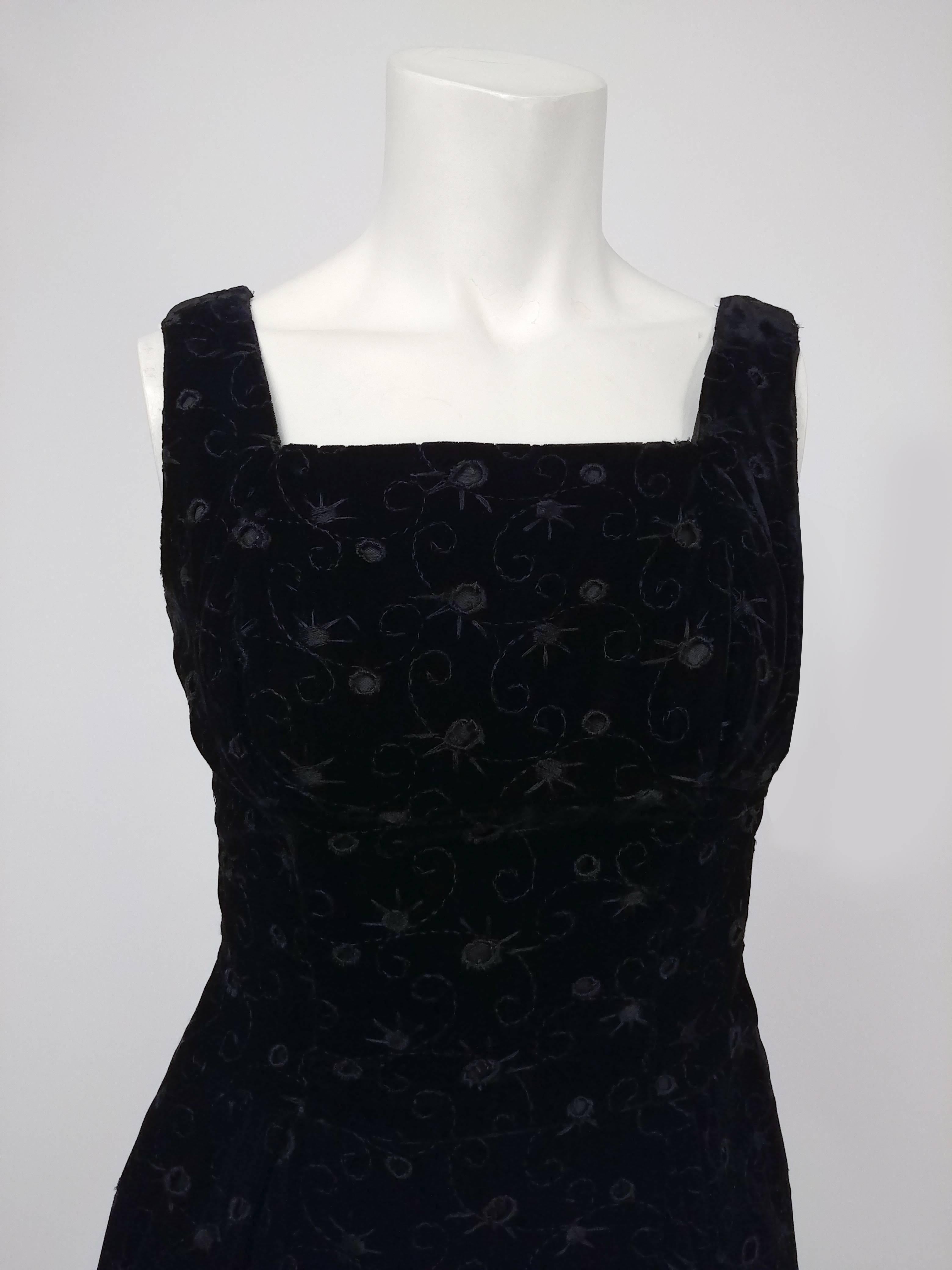 1950s Black Velvet Eyelet Cocktail Dress. 