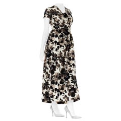 Vintage 1950S Black & White Floral Print Cotton Empire Waist Dress With Cap Sleeves