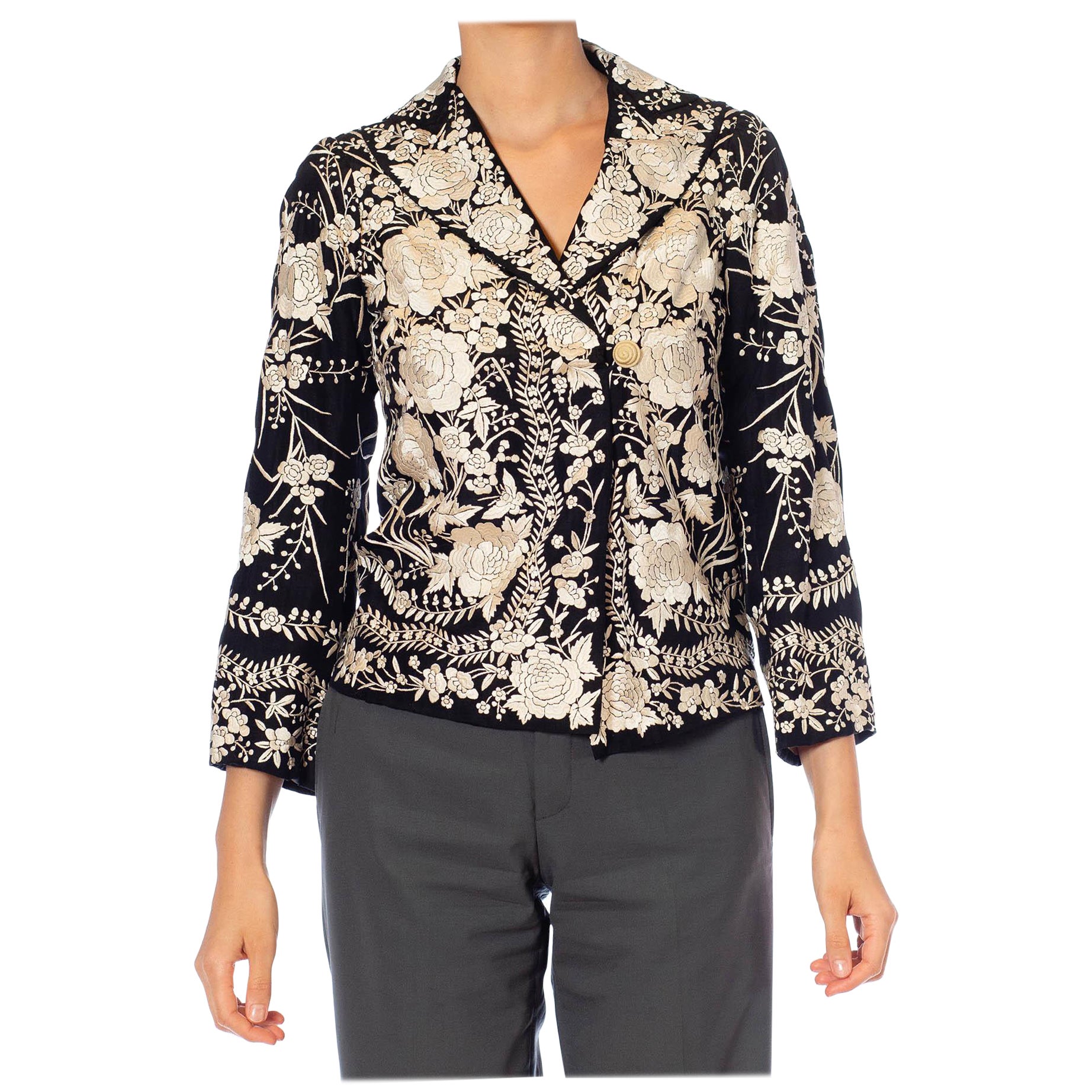1950S Chaqueta floral china de seda bordada a mano en blanco y negro
