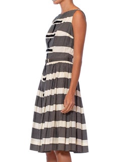 1950s Black & White Striped A line Dress with Velvet Bows & matching belt