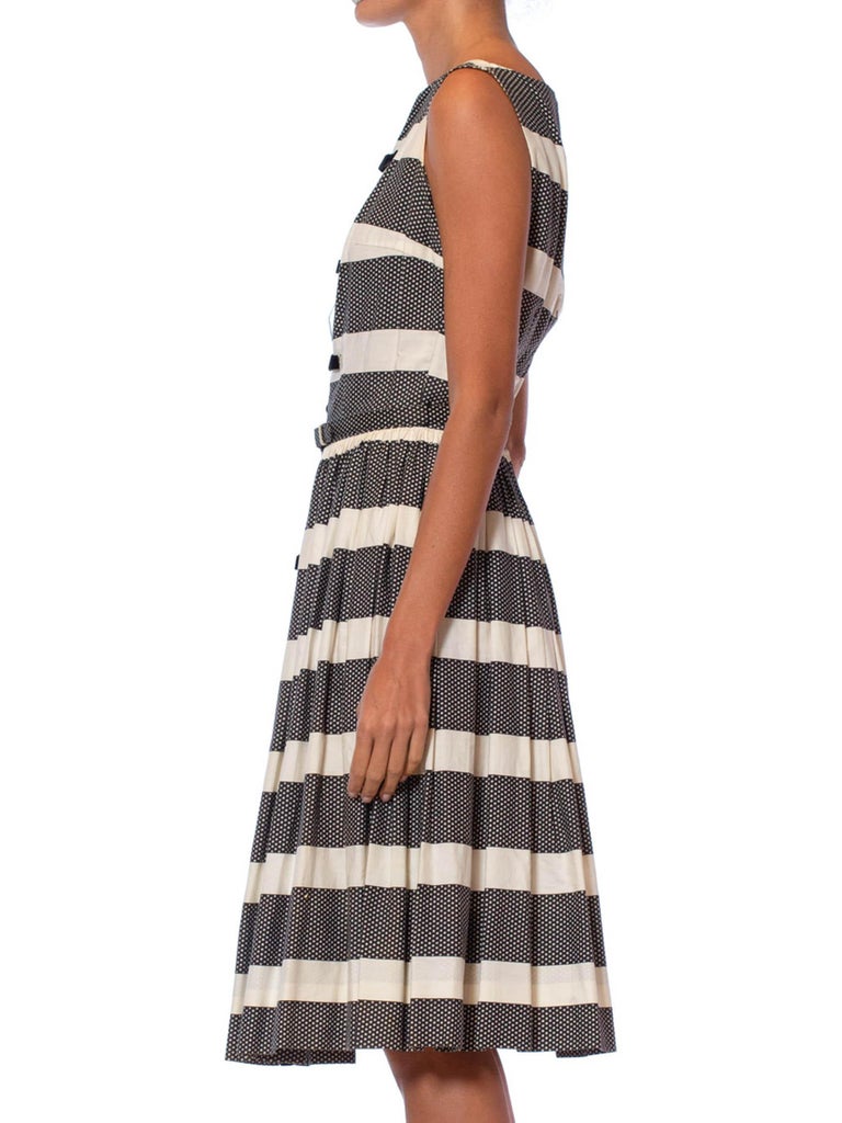 1950s Black & White Striped A Line Dress With Velvet Bows & Matching Belt 1950s Black & White Striped A Line Dress With Velvet Bows & Matching Belt