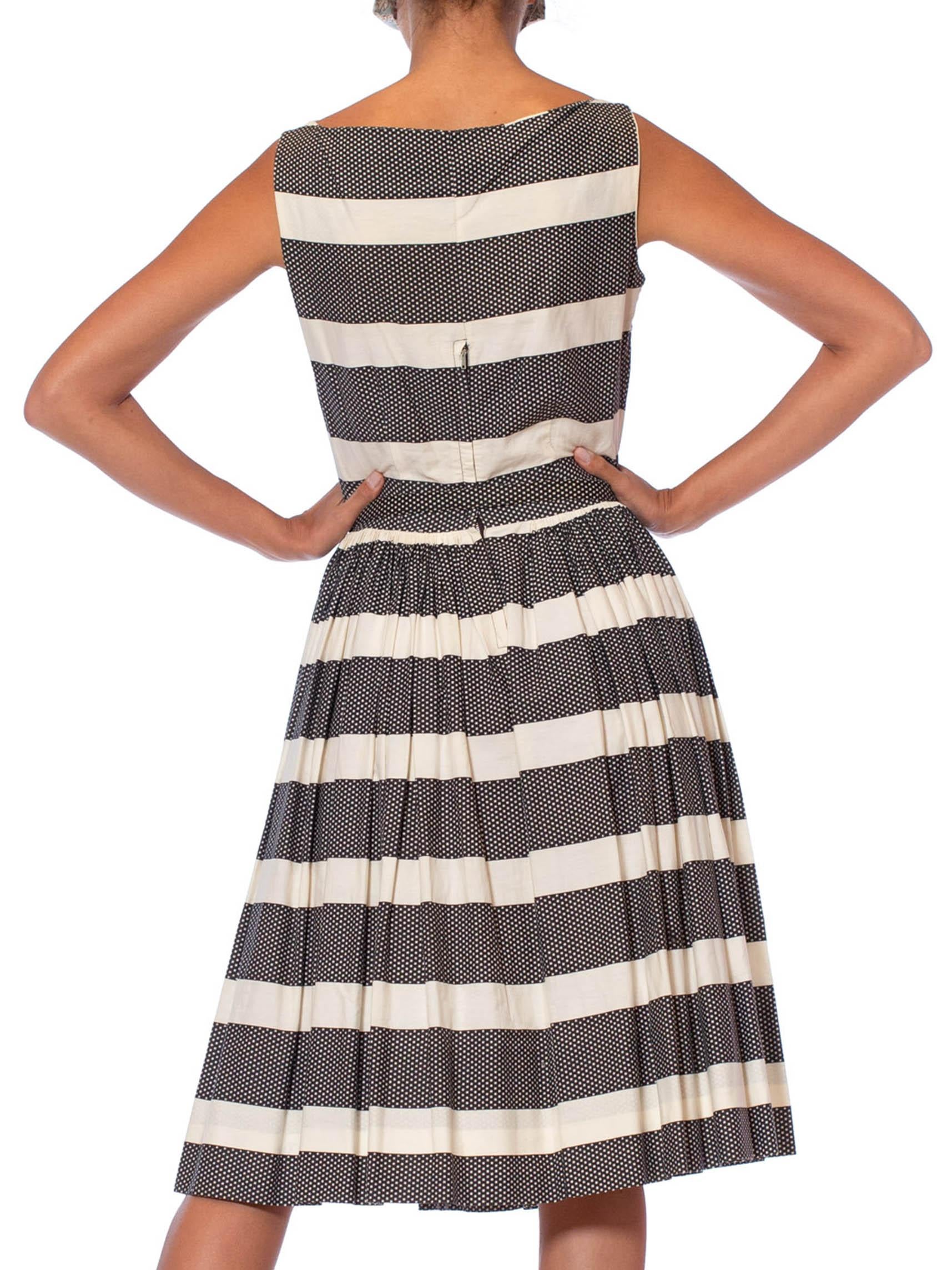 Brown 1950s Black & White Striped A line Dress with Velvet Bows & matching belt For Sale