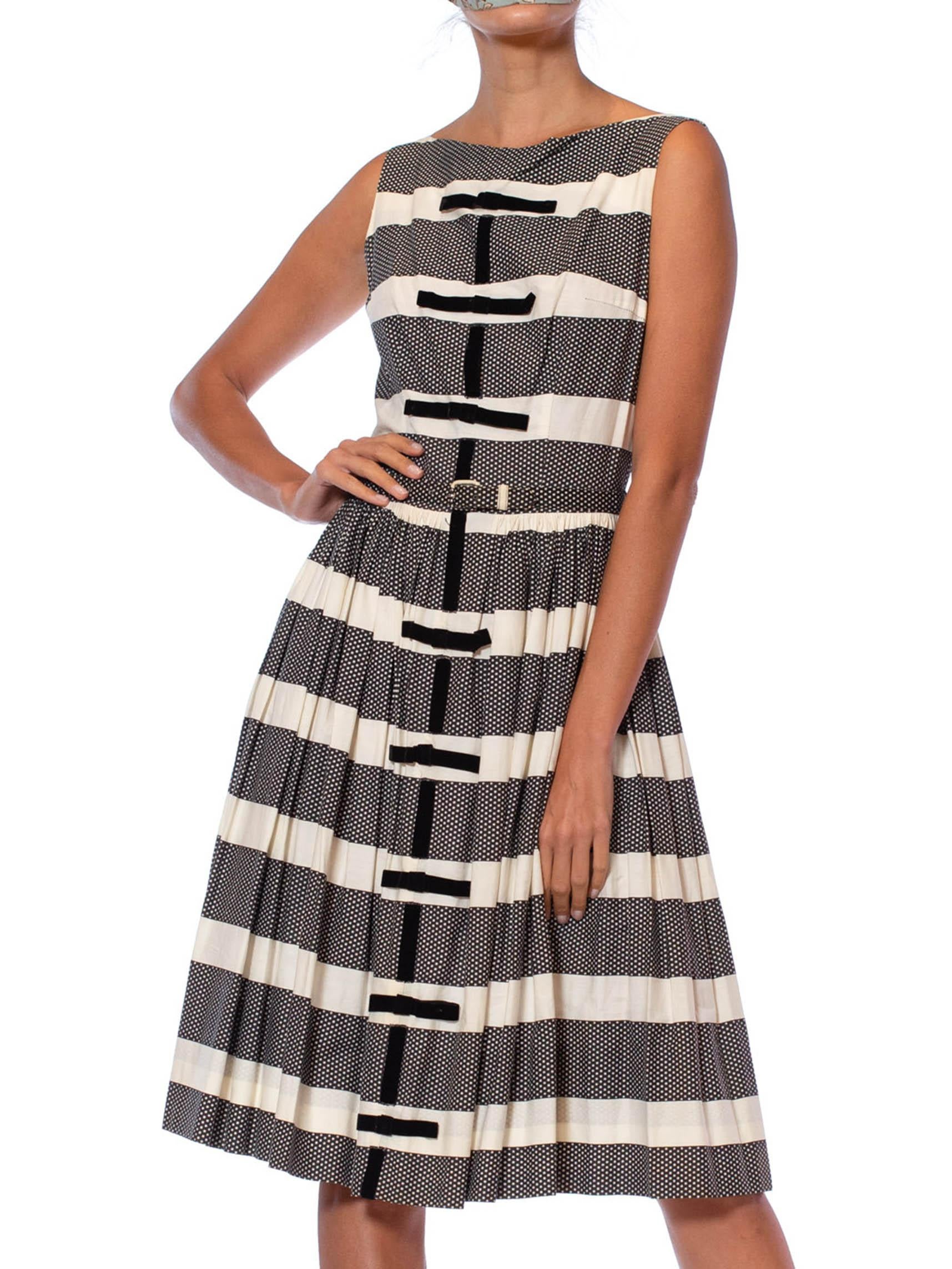 1950s Black & White Striped A line Dress with Velvet Bows & matching belt  For Sale 1