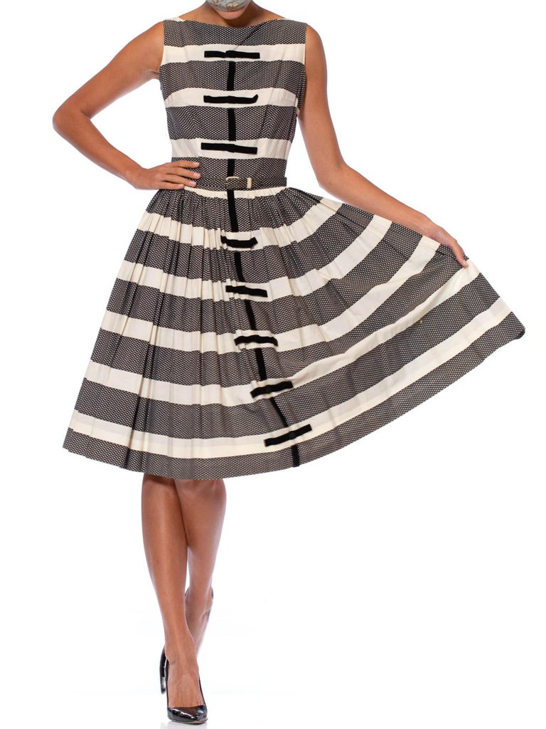 1950s Black & White Striped A Line Dress With Velvet Bows & Matching Belt