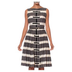 1950s Black & White Striped A line Dress with Velvet Bows & matching belt 