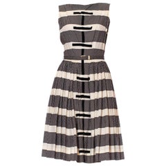 Vintage 1950S Black & White Striped Cotton A Line Dress With Velvet Bows Matching Belt