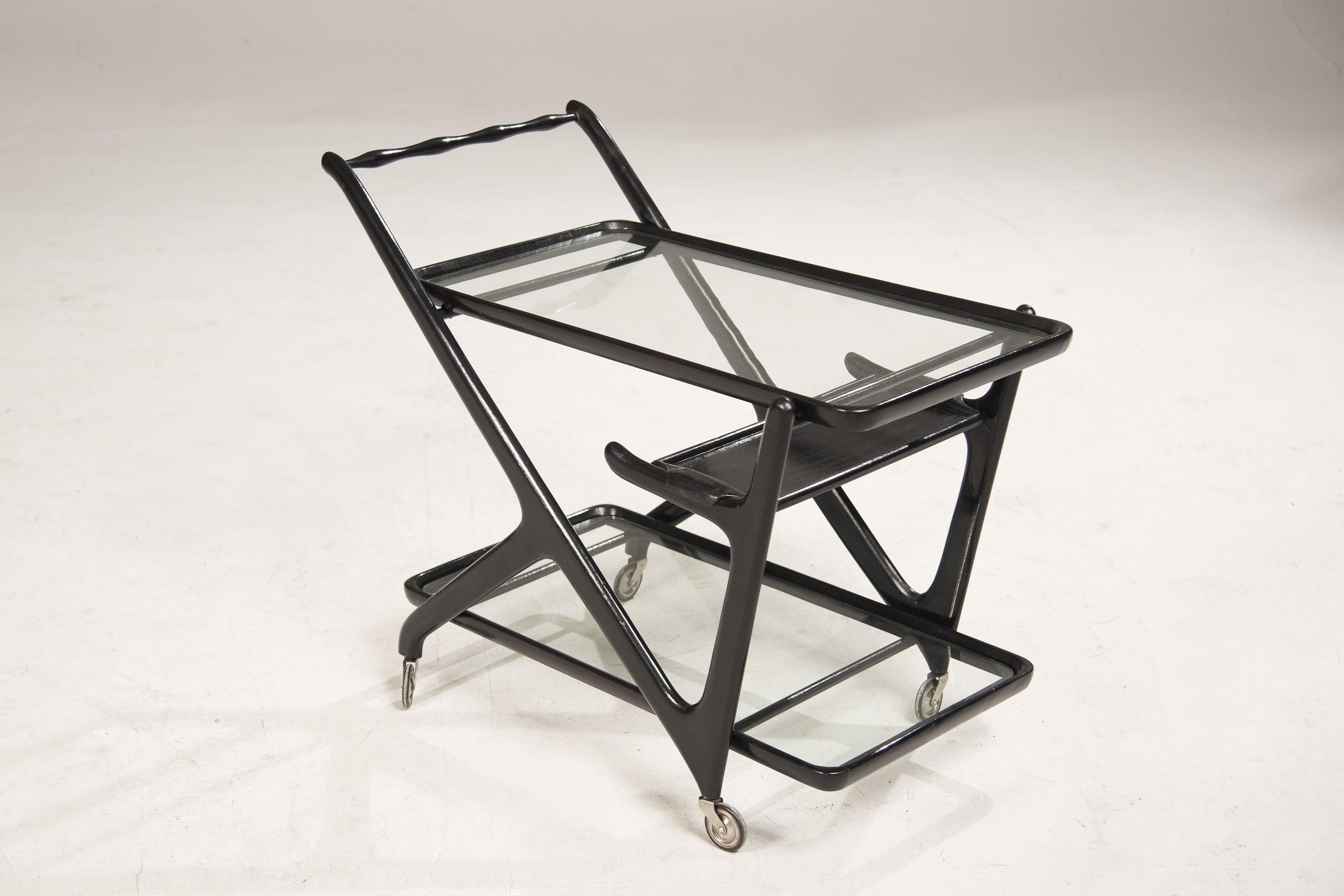 Italian 1950s Black Wood and Glass Shelves Cart by Cesare Lacca for Cassina For Sale