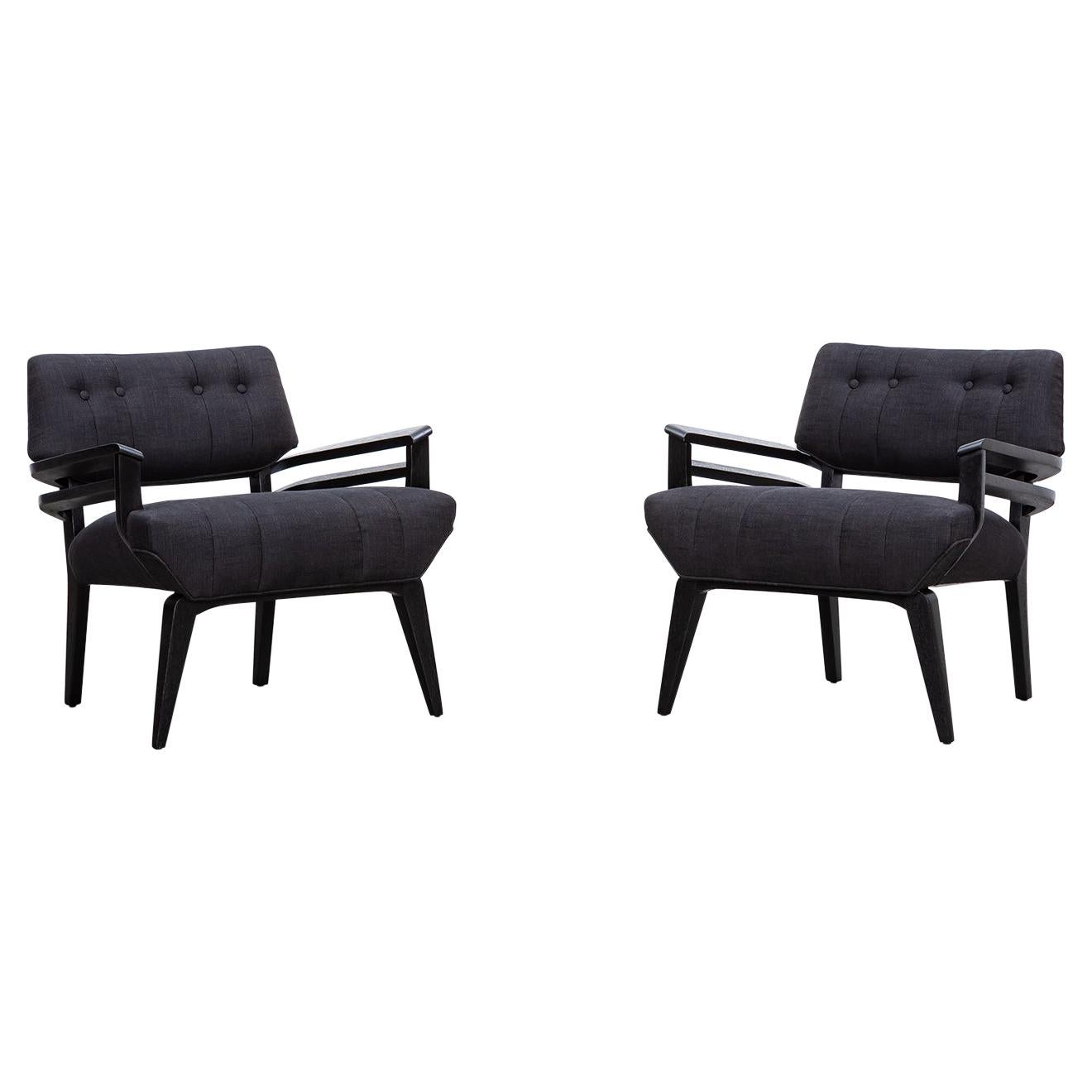 1950s Black Wooden New Upholstery Lounge Chairs by Paul Laszlo