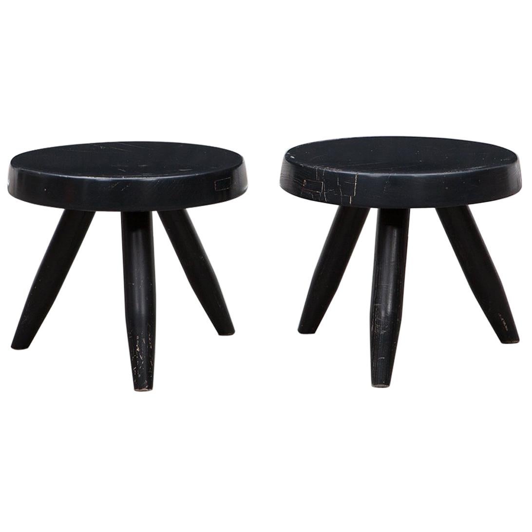 1950s Black Wooden Pair of Stools by Charlotte Perriand