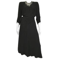 1950s Black Wool Beaded Evening Dress Size 6 / 8. 