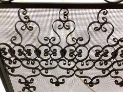 1950s Black Wrought Iron 3 Panel Fireplace Screen With Scroll Work and Leaves