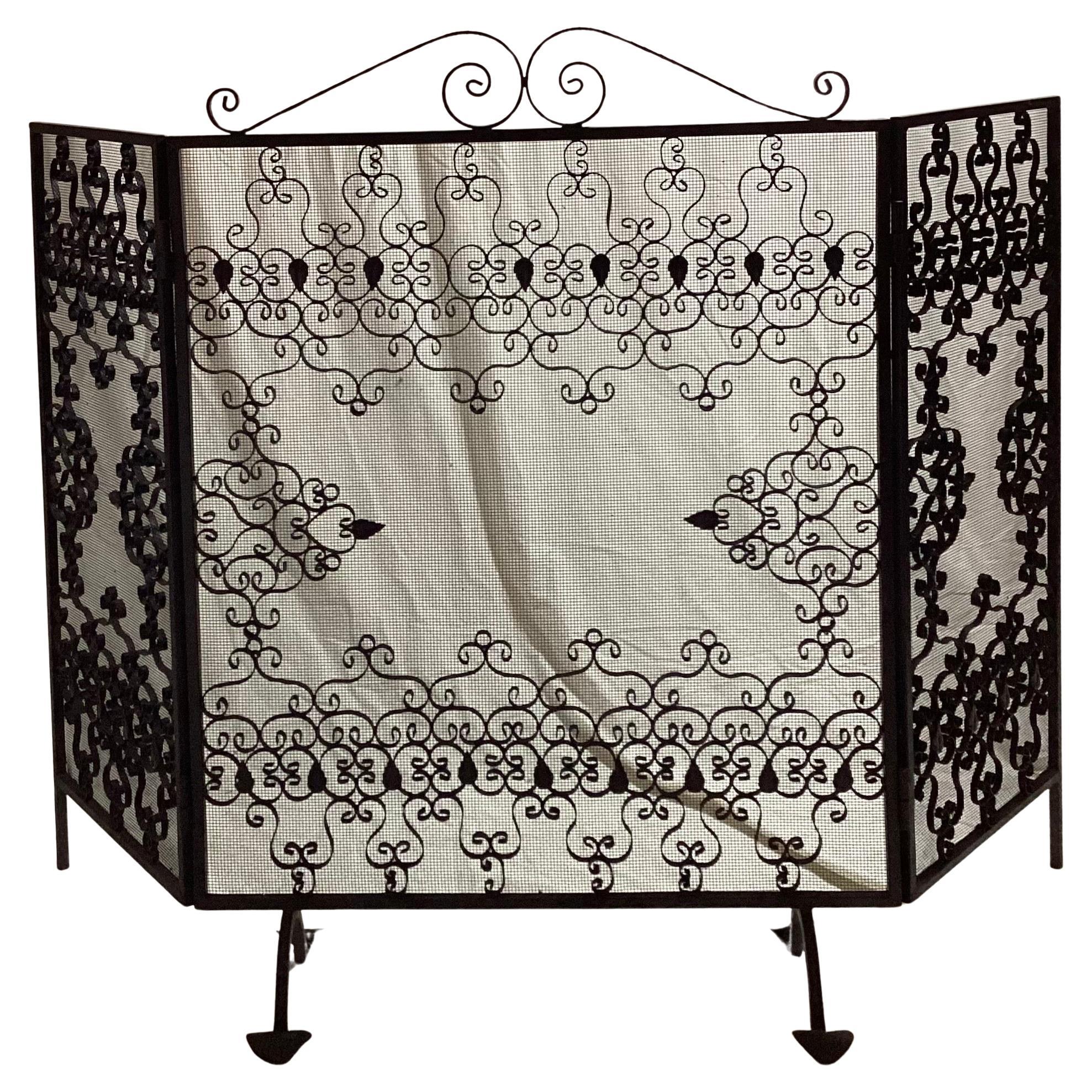 1950s Black Wrought Iron 3 Panel Fireplace Screen With Scroll Work and Leaves