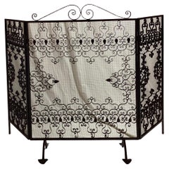 1950s Black Wrought Iron 3 Panel Fireplace Screen With Scroll Work and Leaves
