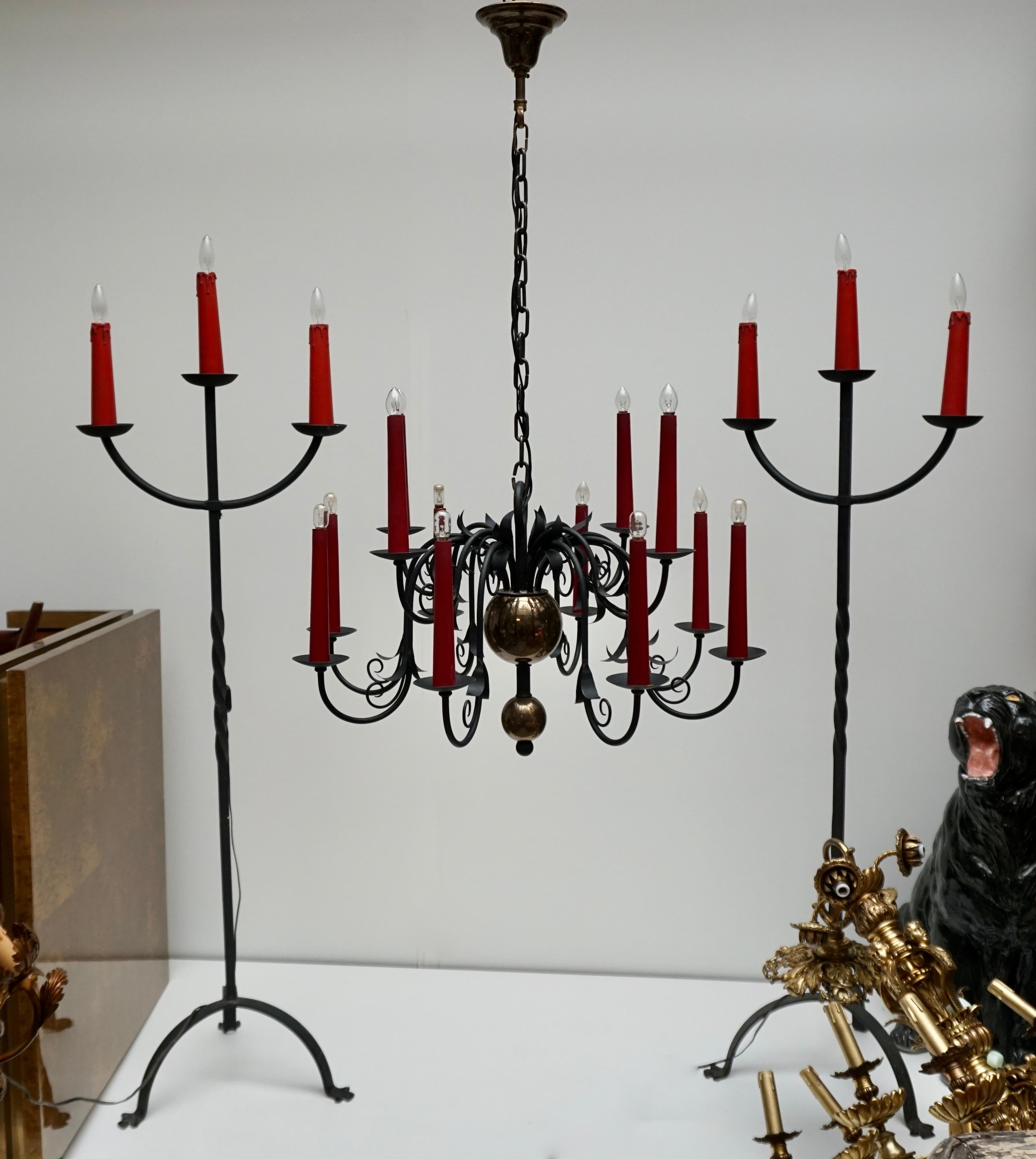 1950s Black Wrought Iron Gothic Chandelier with 12 Red Candlesticks 1
