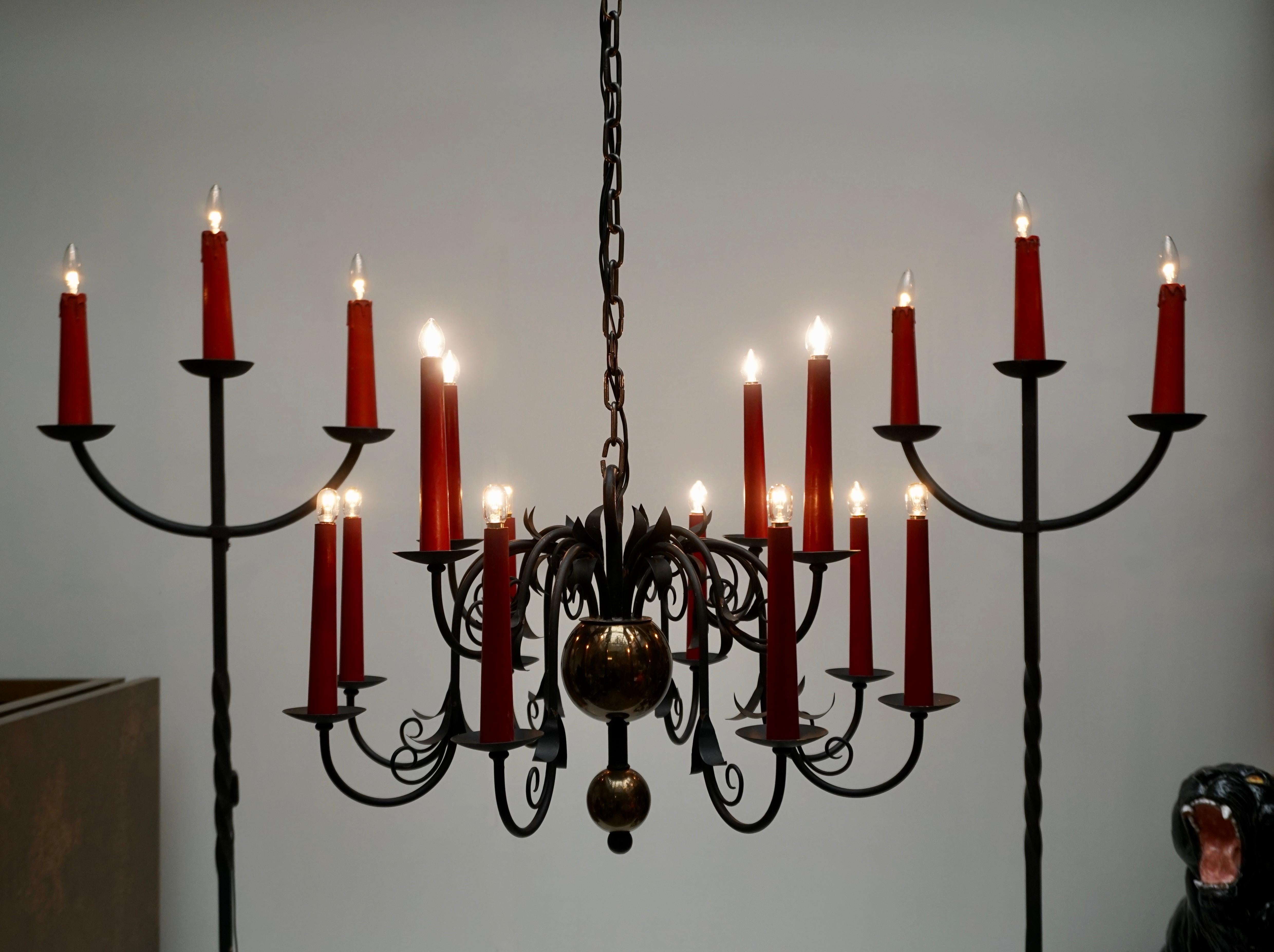 1950s Black Wrought Iron Gothic Chandelier with 12 Red Candlesticks 2