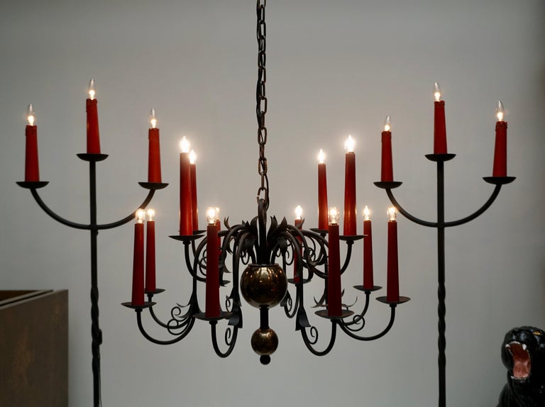1950s Black Wrought Iron Gothic Chandelier with 12 Red Candlesticks For Sale 5