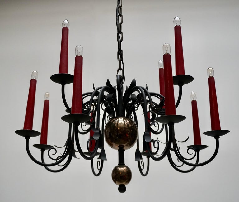1950s Black Wrought Iron Gothic Chandelier with 12 Red Candlesticks For Sale 6