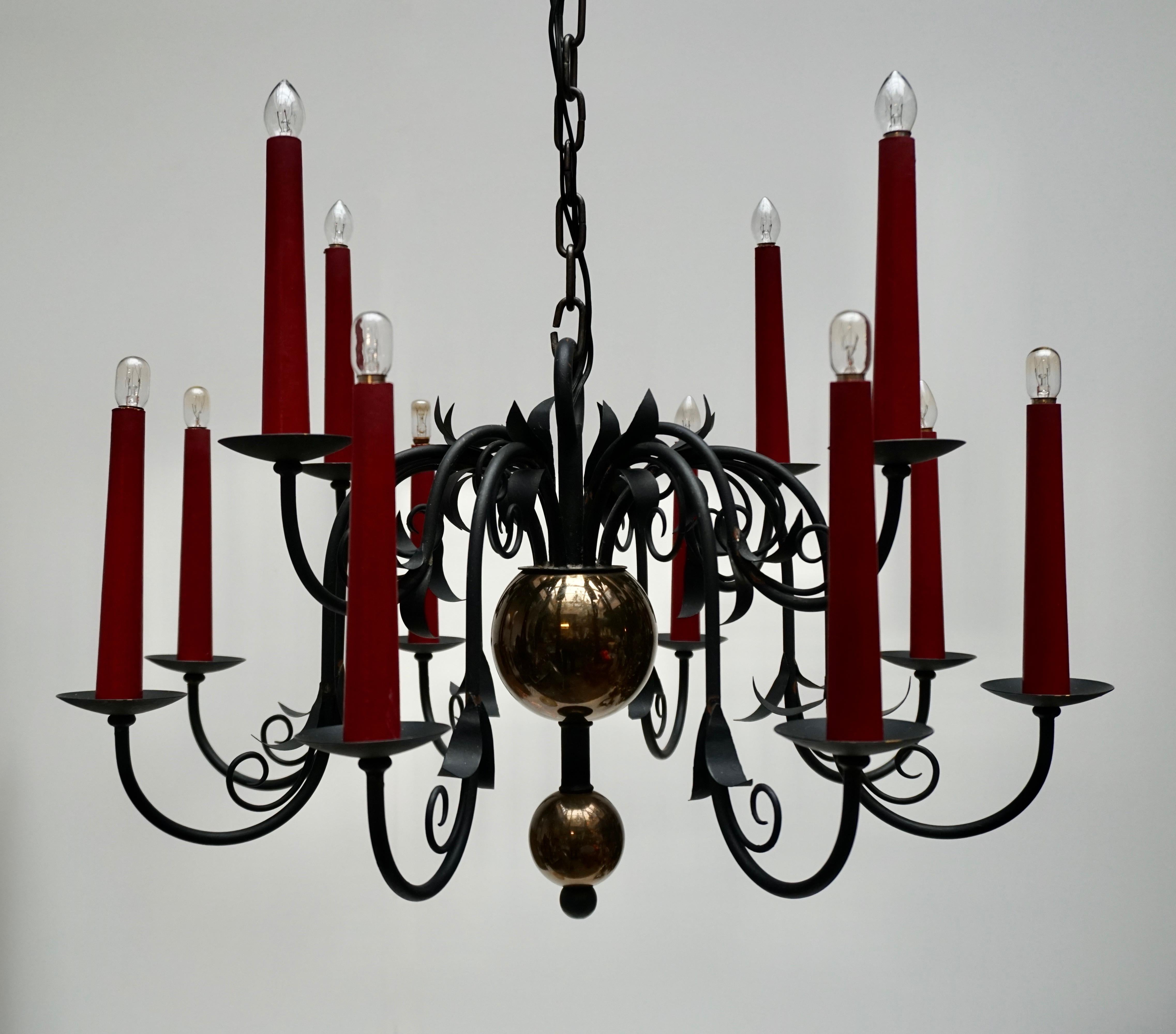 1950s Black Wrought Iron Gothic Chandelier with 12 Red Candlesticks 4