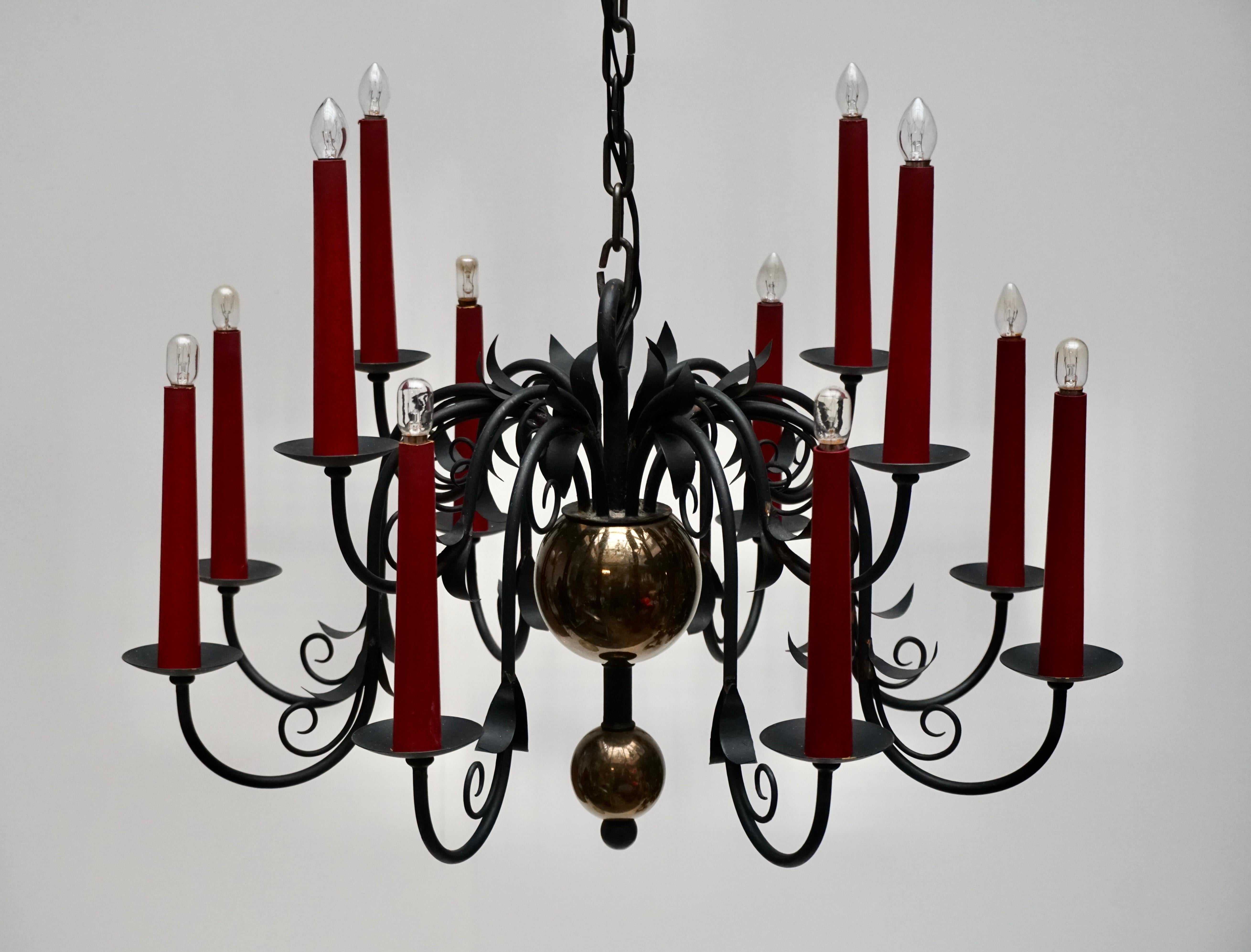 1950s Black Wrought Iron Gothic Chandelier with 12 Red Candlesticks 5
