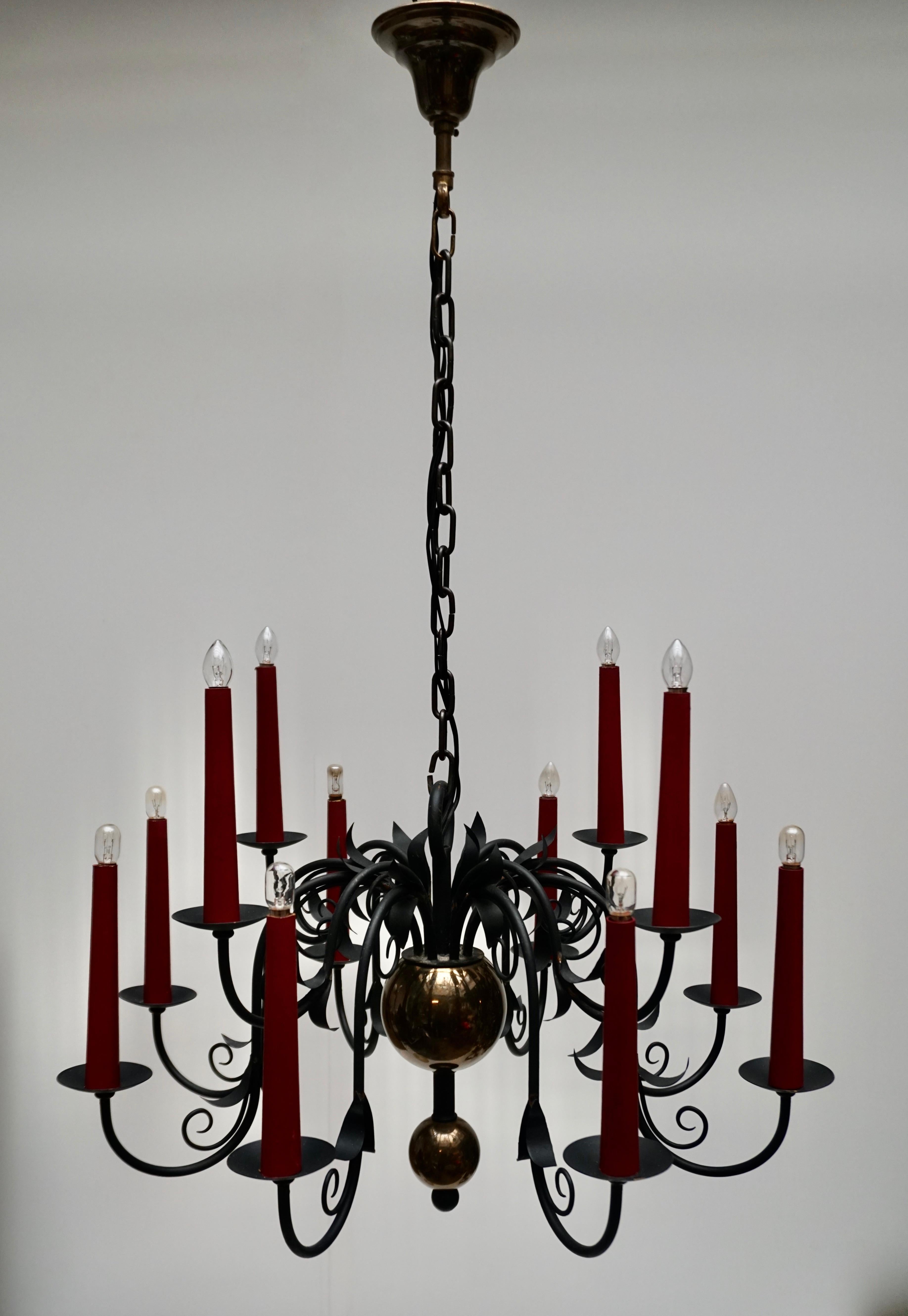 1950s Black Wrought Iron Gothic Chandelier with 12 Red Candlesticks 6