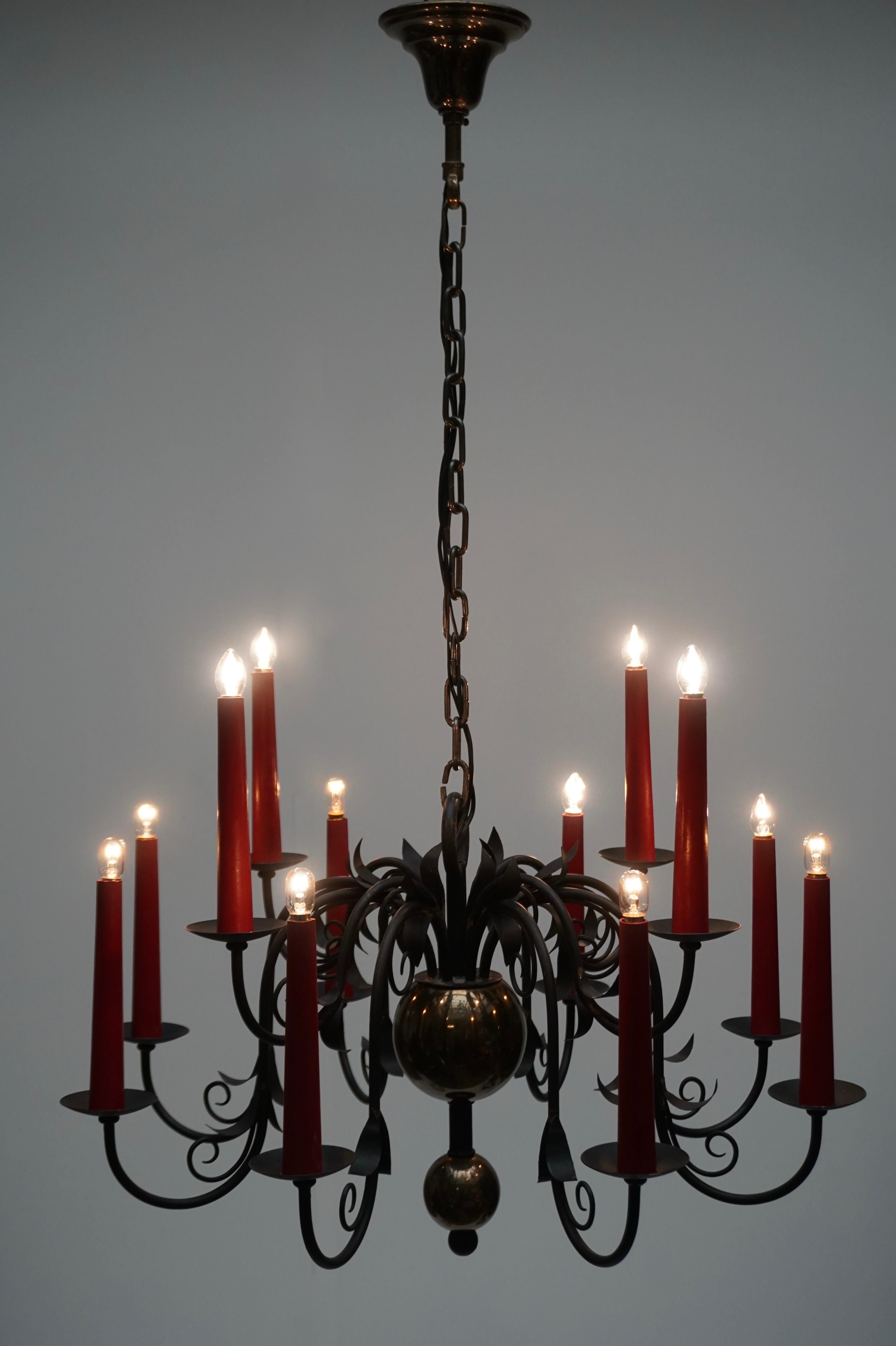1950s Black Wrought Iron Gothic Chandelier with 12 Red Candlesticks 7