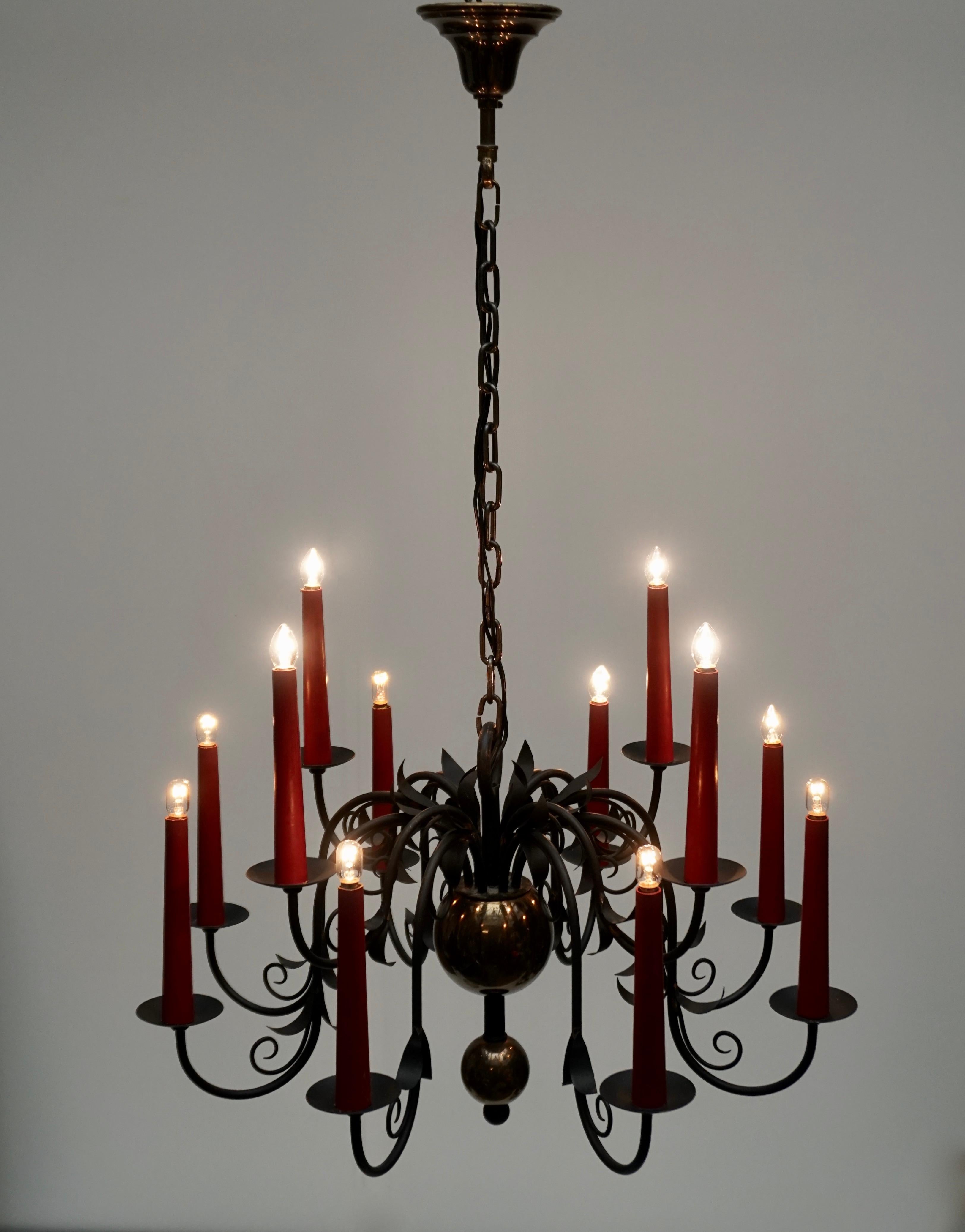 1950s Black Wrought Iron Gothic Chandelier with 12 Red Candlesticks 8