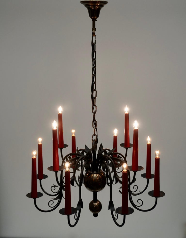 1950s Black Wrought Iron Gothic Chandelier with 12 Red Candlesticks For Sale 11