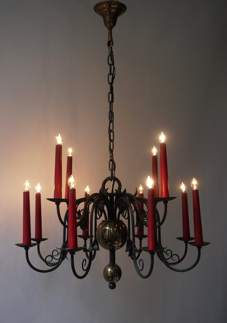 1950s Black Wrought Iron Gothic Chandelier with 12 Red Candlesticks For Sale 12
