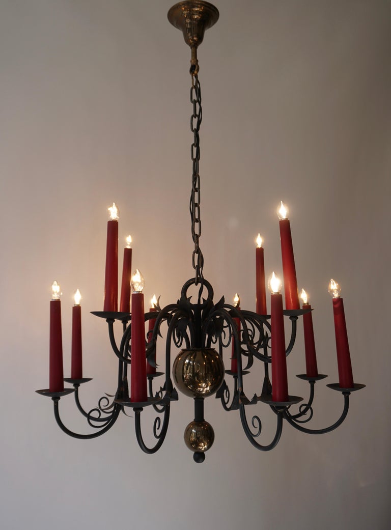 1950s Black Wrought Iron Gothic Chandelier with 12 Red Candlesticks For Sale 14