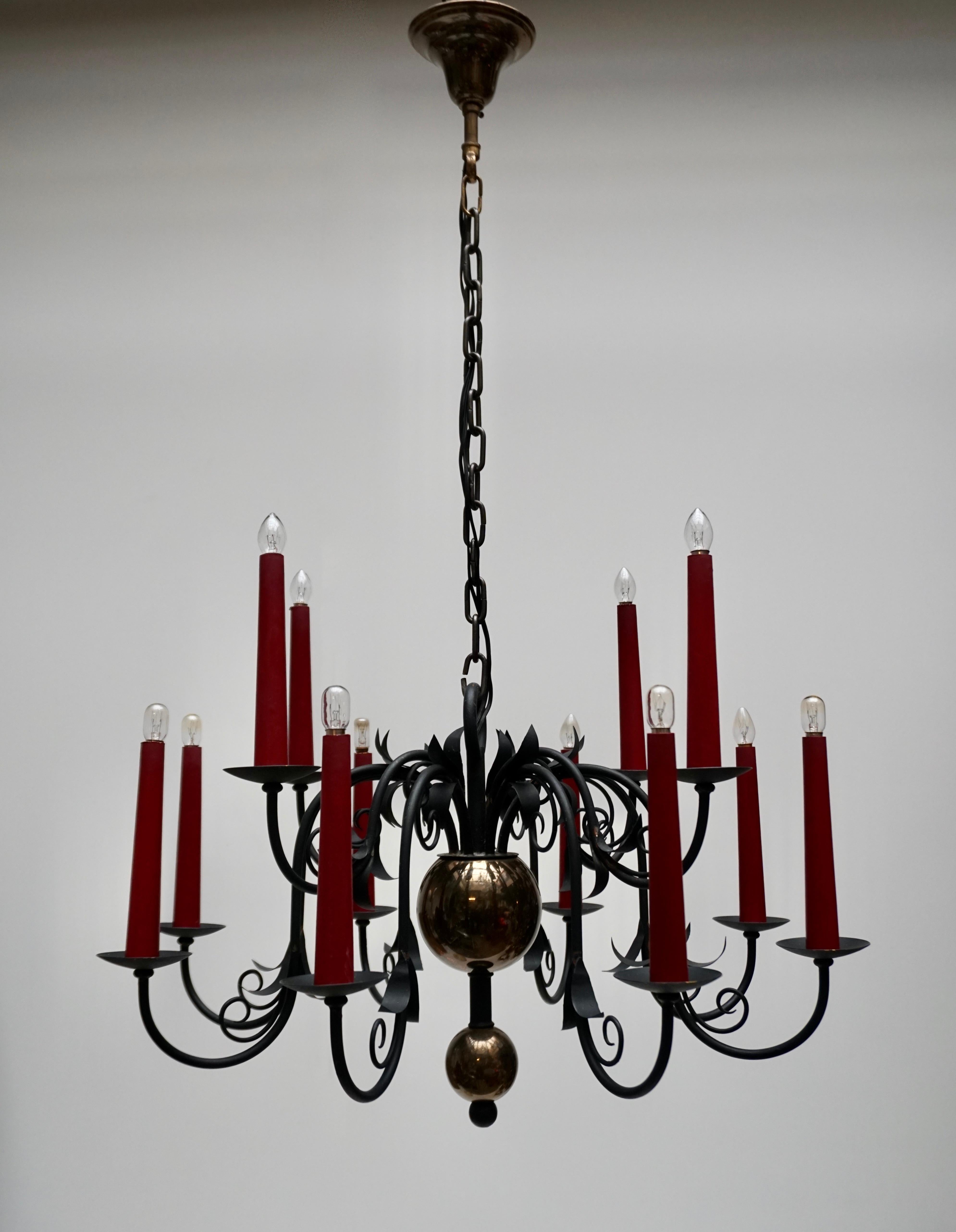 Metal 1950s Black Wrought Iron Gothic Chandelier with 12 Red Candlesticks