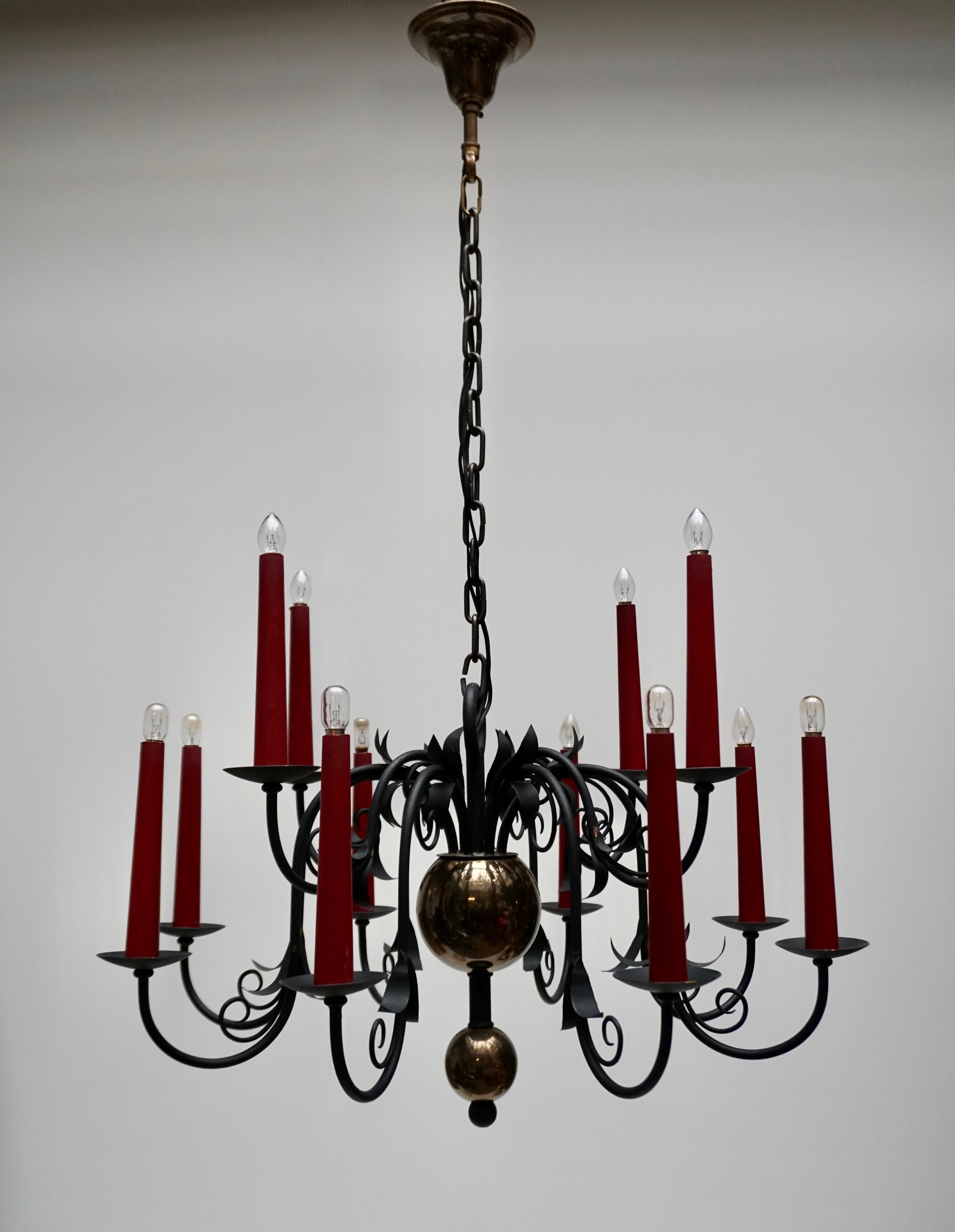 Metal 1950s Black Wrought Iron Gothic Chandelier with 12 Red Candlesticks